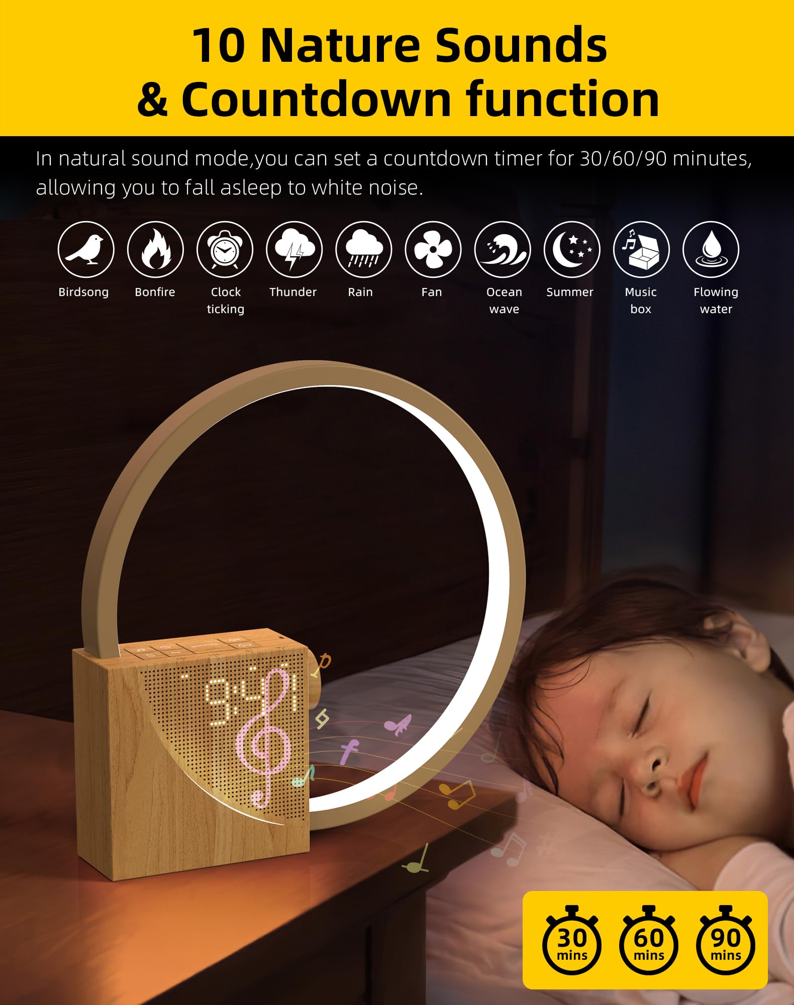 Lampe de Chevet LED avec Réveil, Wake up Light, USB, 3 Modes d'Éclairage, 10 Sons Naturels, Bois