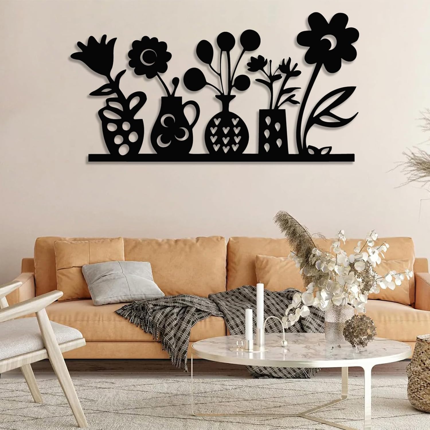 Trpiox Flower in A Vase Metal Wall Art, Flower in A Vase Metal Wall Decor, Flowers Wall Decor for Living Room, Bedroom, Office（Black,30Wx16 H/76x39cm）