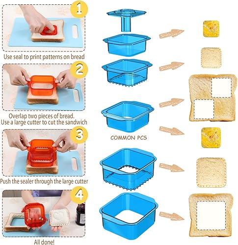 Miniatura 4 de Cortador y sellador de sándwiches, 6 piezasjuego de sándwiches desoxidante de grado alimenticio para niños, lonchera y caja Bento (cuadrado azul)