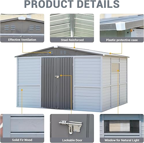 Miniatura 6 de Cobertizo de almacenamiento al aire libre de 8 x 10 pies con puertas con cerradura y techo de balbuceo, cobertizo de herramientas de jardín de