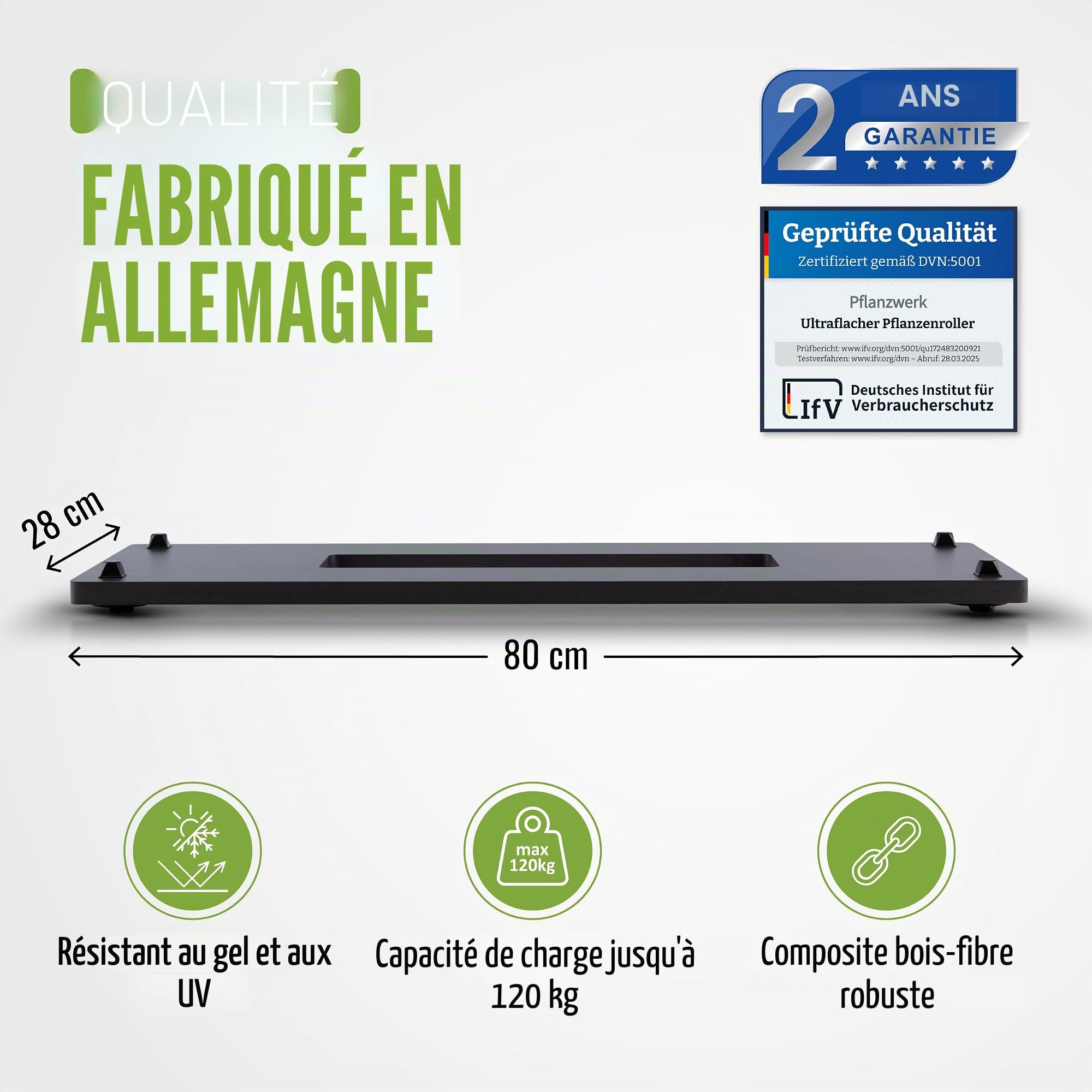 Pflanzwerk® Jardinière Porte Plantes*ULTRAPLAT Designer sous-vases à roulettes* 80x28cm pour Tous Les Pots et bacs à Fleurs *Design breveté* *capacité de Charge 120KG* *Made in Germany*
