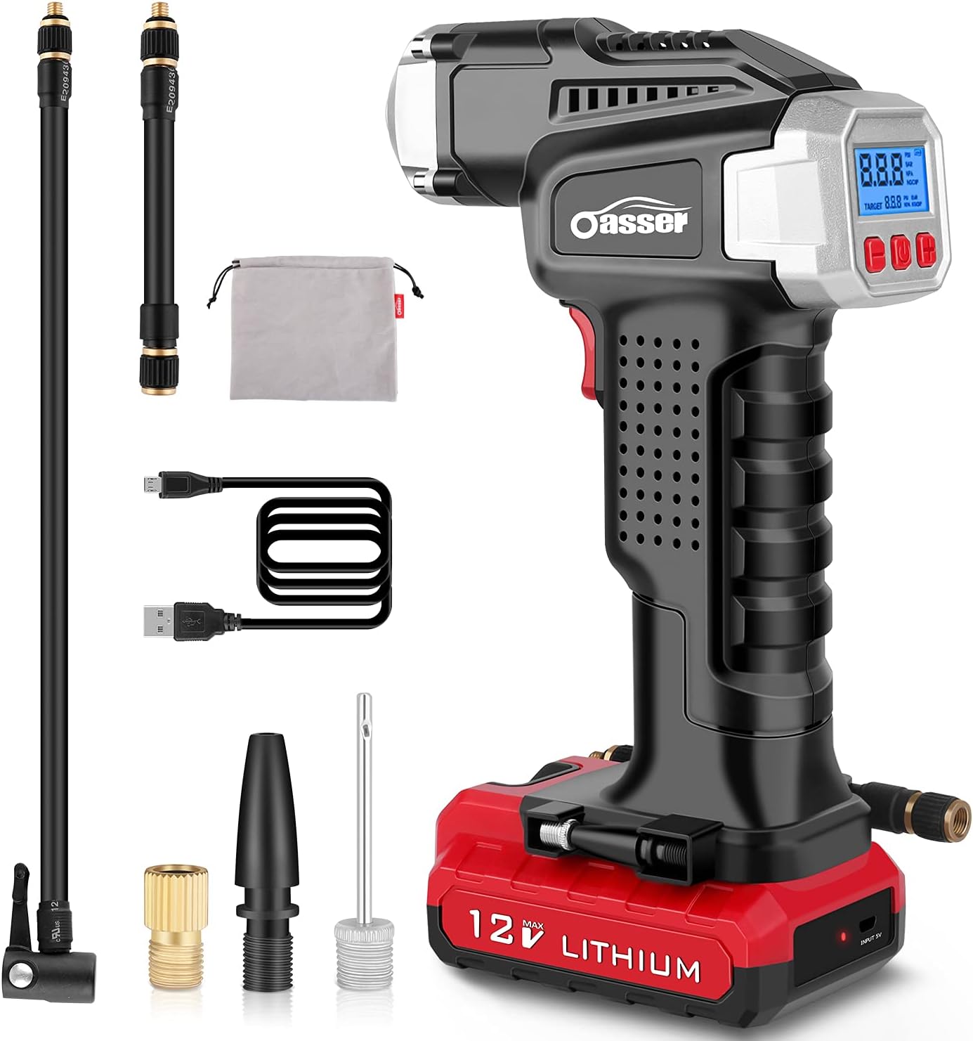 Oasser Tyre Inflator Portable Air Compressor Cordless Tyre Pump for Cars Motorcycles Bicycles with Digital Pressure Gauge 2000mAh Lithium Battery USB Charging 120PSI P2A