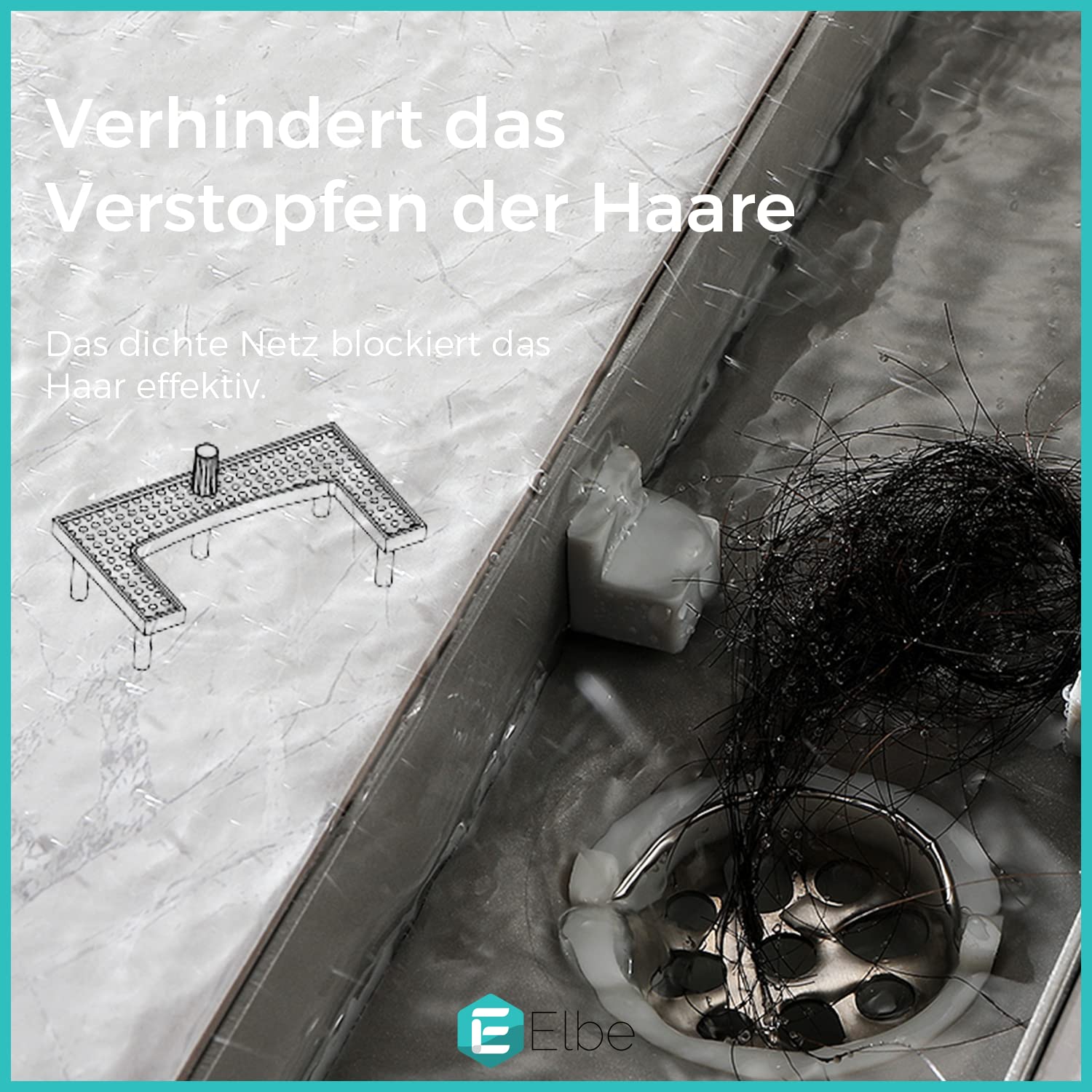 Elbe Duschrinne 70cm Extra Flach 304 Edelstahl Bodenablauf mit 3-reihig-Schlitzm Muster Glasabdeckung Komplettset Haarsieb Bodenablauf, Siphon mit Geruchsstop