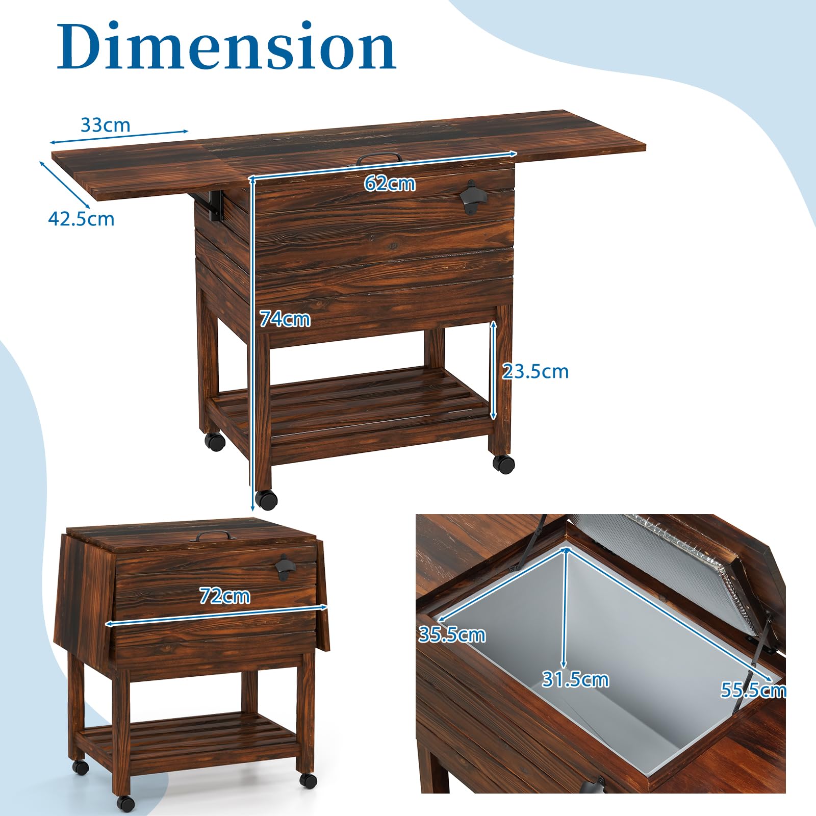 SOARS Nevera móvil para jardín, terraza, piscina, 51 l, bar, 128 x 42,5 x 74 cm, 2-4 horas, 4 ruedas universales, 2 estantes laterales plegables