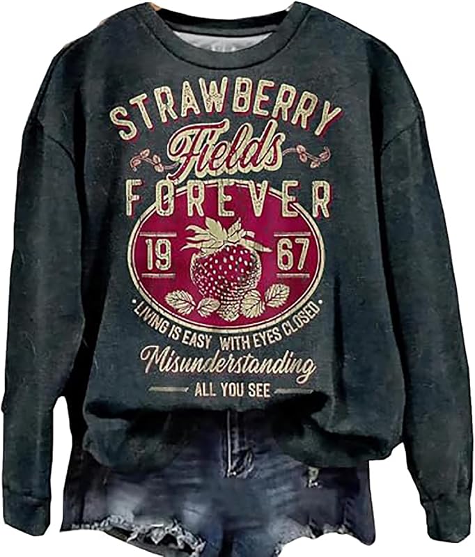 BOMYTAO Vintage Rock Band Sweatshirts for Women Fashion Country Music Pullover Beatle Strawberry Fields 1967 Long Sleeve Top(Grey,Large)