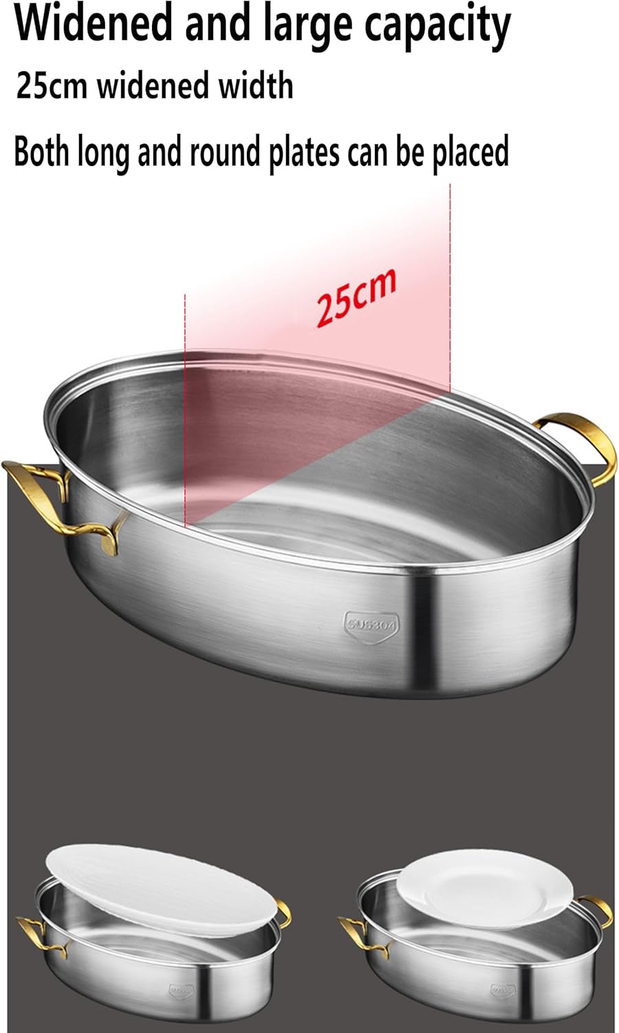 Fish Steaming Pot,Large Capacity Fish Steaming Pot 304 Stainless Steel Oval Fish Steamer - Multi-Use Elliptical Fish Pot Cookware with Rack, Ceramic Pan, Anti-scalding Clip