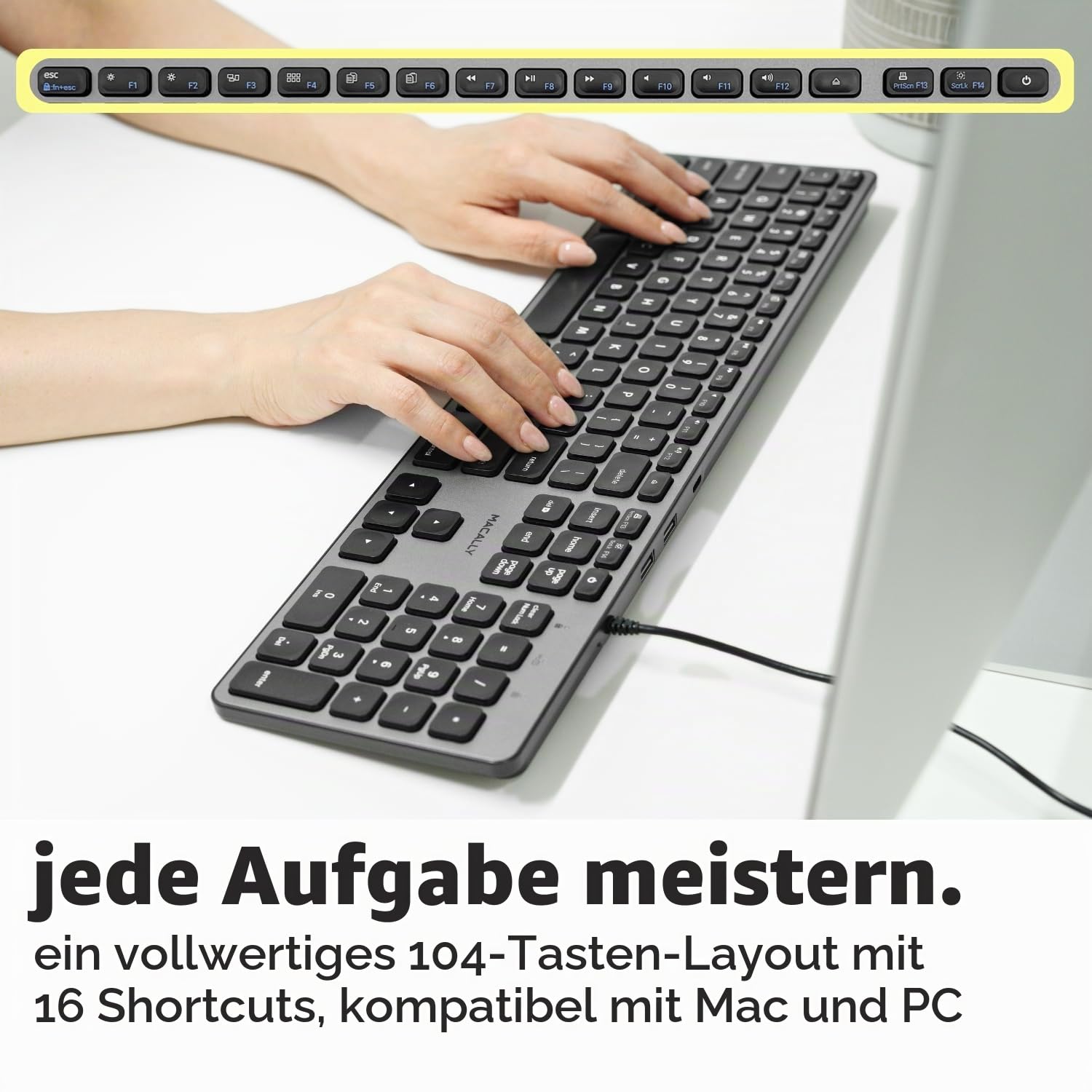 Macally UCZKEYHUBACSG, erweiterte USB-C Tastatur mit 2 USB-A & 1 USB-C Ports und US QWERTY Layout, Space Grey