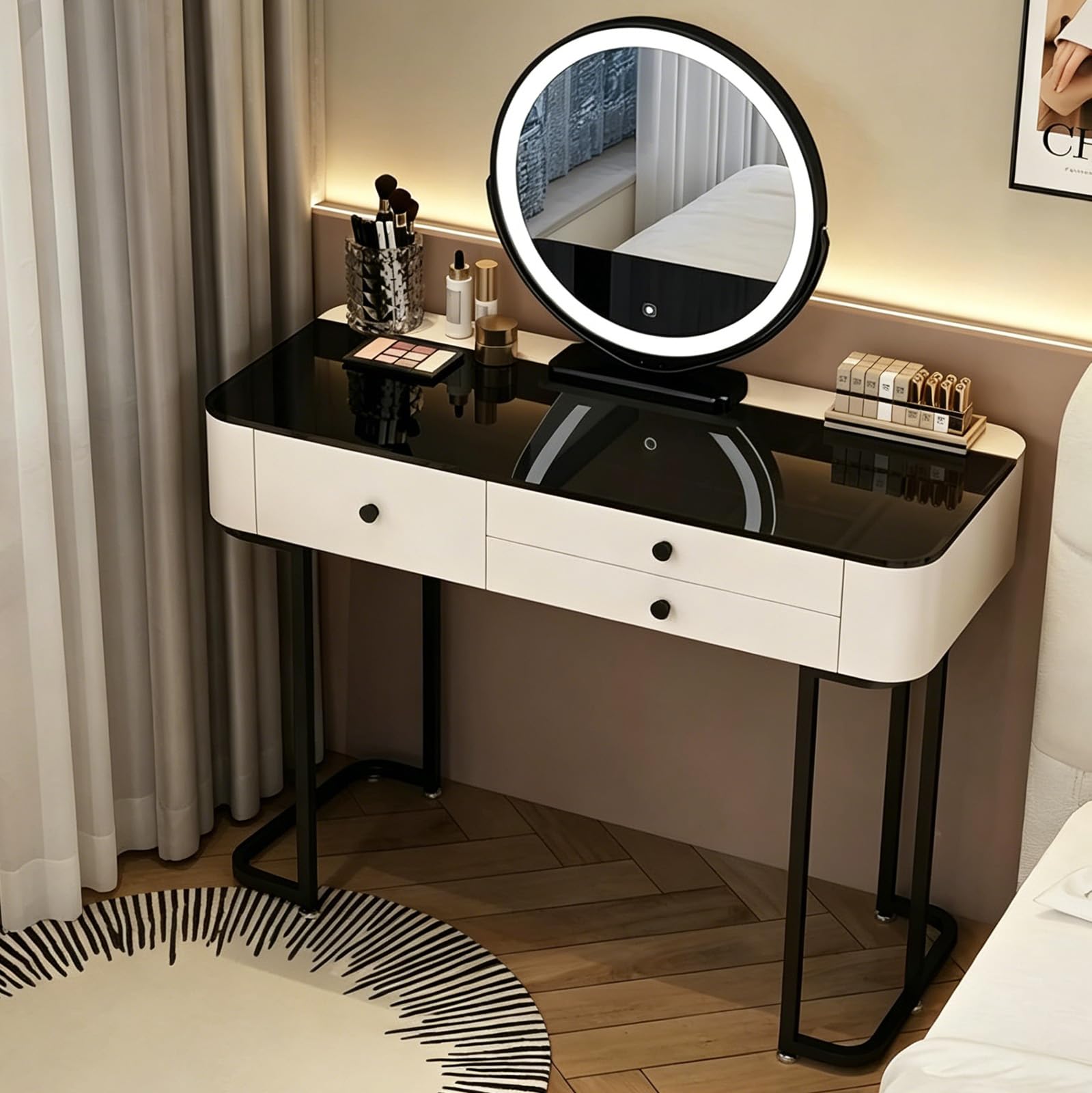 MJKCBD Dressing Table with Lighted Mirror, Modern Makeup Vanity Desk with 3 Large Drawers, 39.4" Black Tempered Glass Top for Girls Bedroom, White