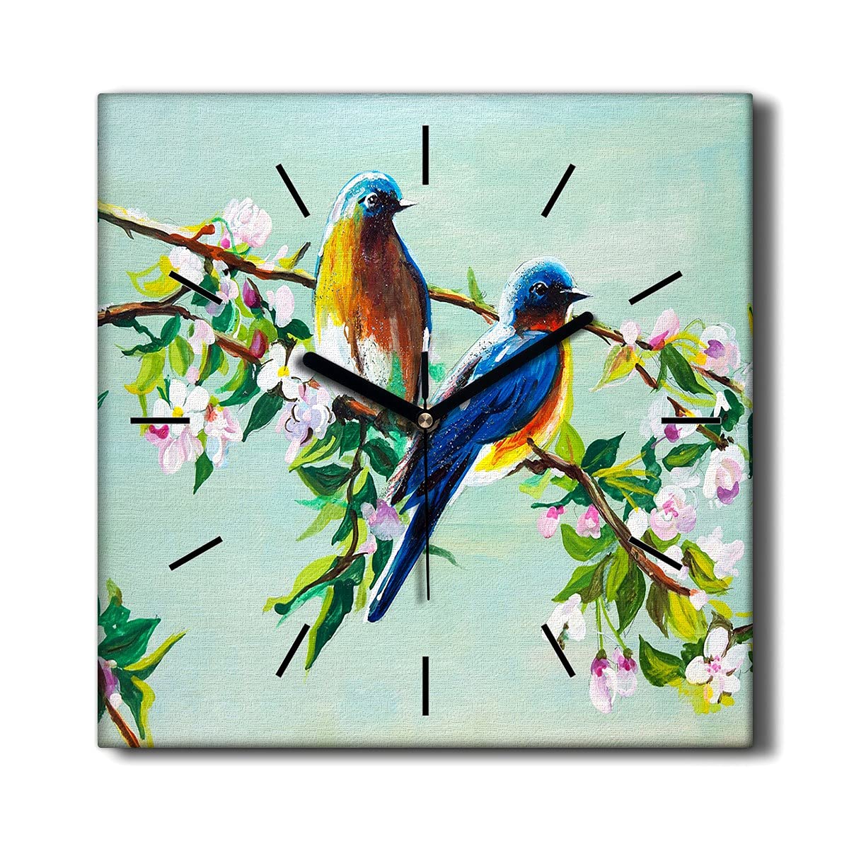 Horloge sur Toile Motif Branches et Oiseaux Cadran Carré Sans Tic-Tac