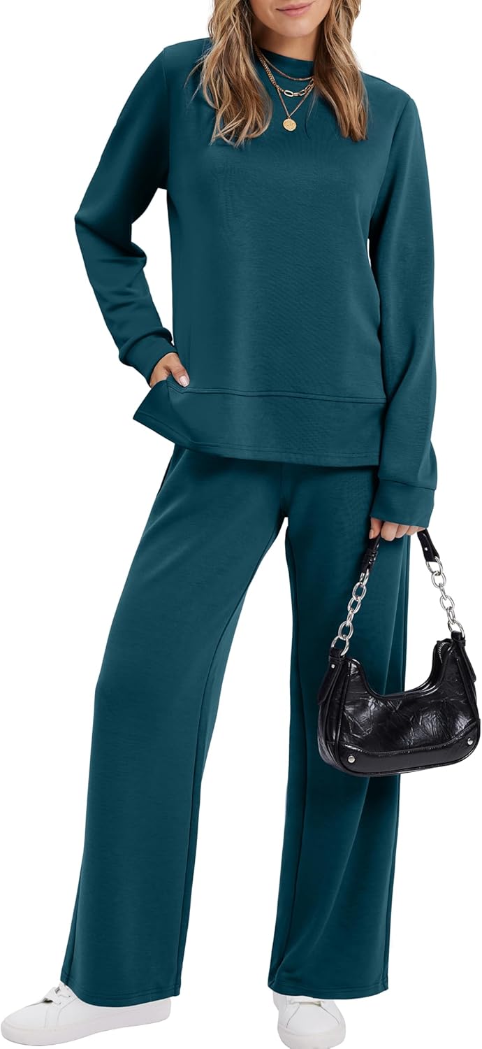 XIEERDUO Women's Side Slit Lounge Sets 2 Piece Outfits Mock Neck Tracksuit Fashion Sweatsuit Wide Leg Loungewear S-3XL