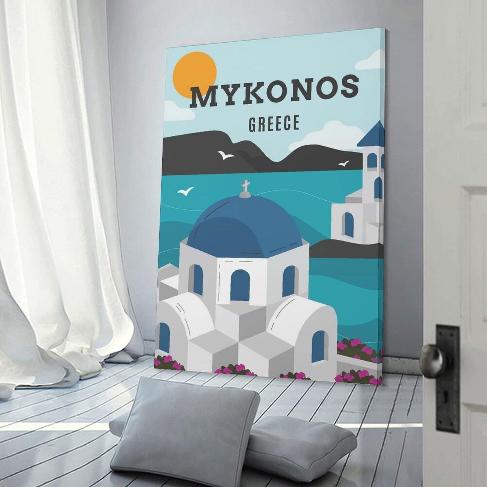 Junmoney Mykonos Greece Canvas Wall Decor, 08x12inch(20x30cm), for Art Walls, Layered Displays Or Homes, Home Wall Art for Statement Displays