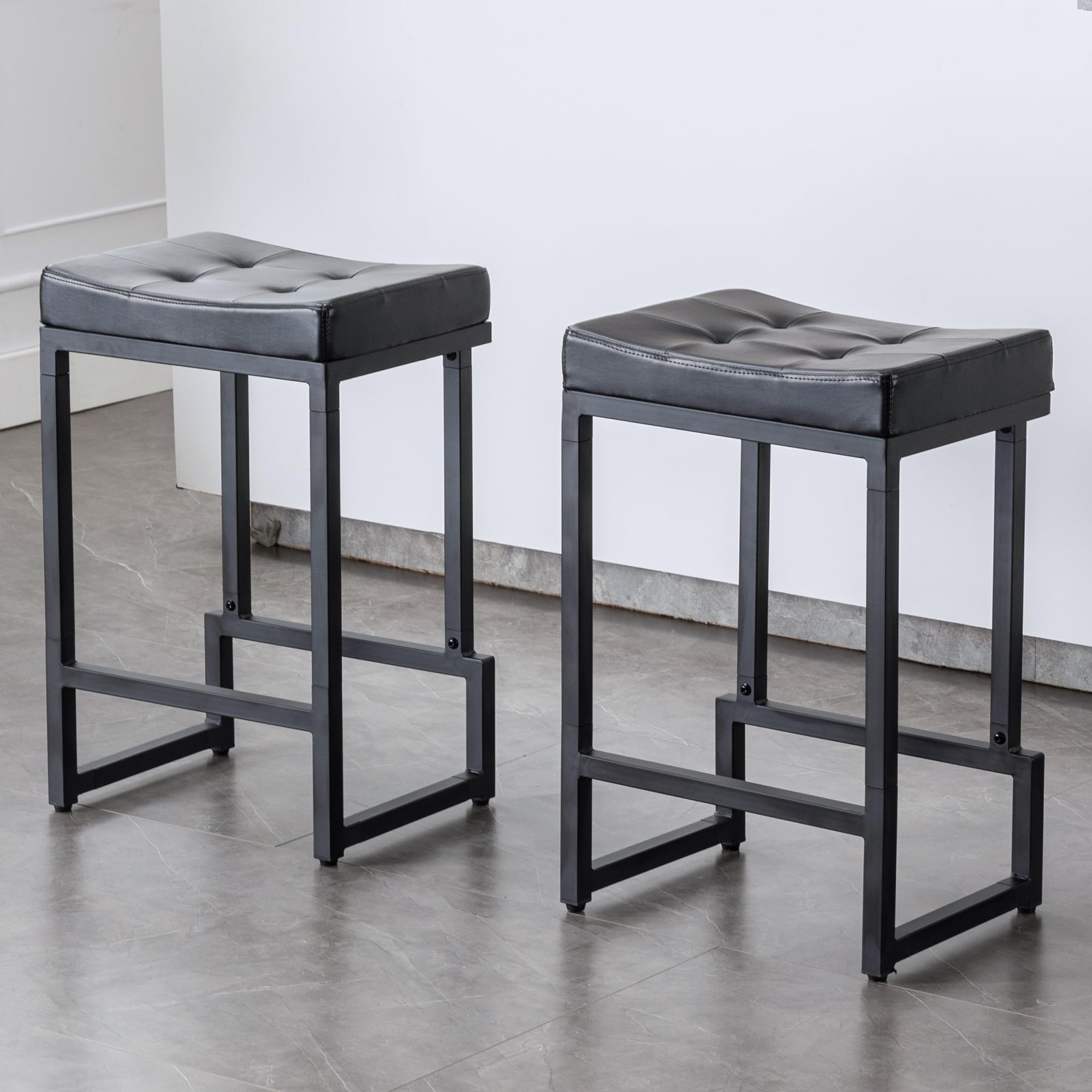 bar stools set of 2, 24" counter height bar stools, faux leather barstools for kitchen island, backless saddle stools with metal legs (black, 2pcs 24" counter stools)