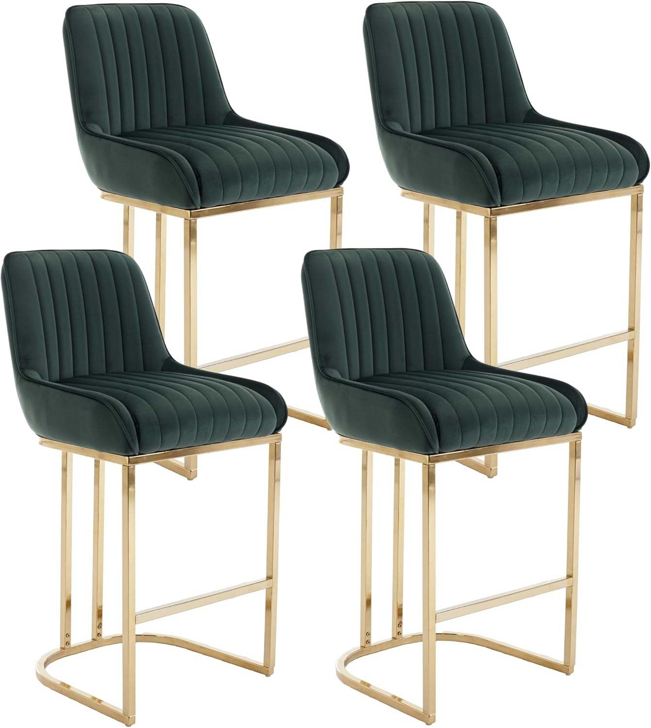 Shunzhi Green Velvet Counter Height Bar Stools Set of 4 Modern Comfy Counter Stools with Back/Gold Legs Upholstered Bar Chairs Stripe Barstools for Kitchen Island/Pub, 26''