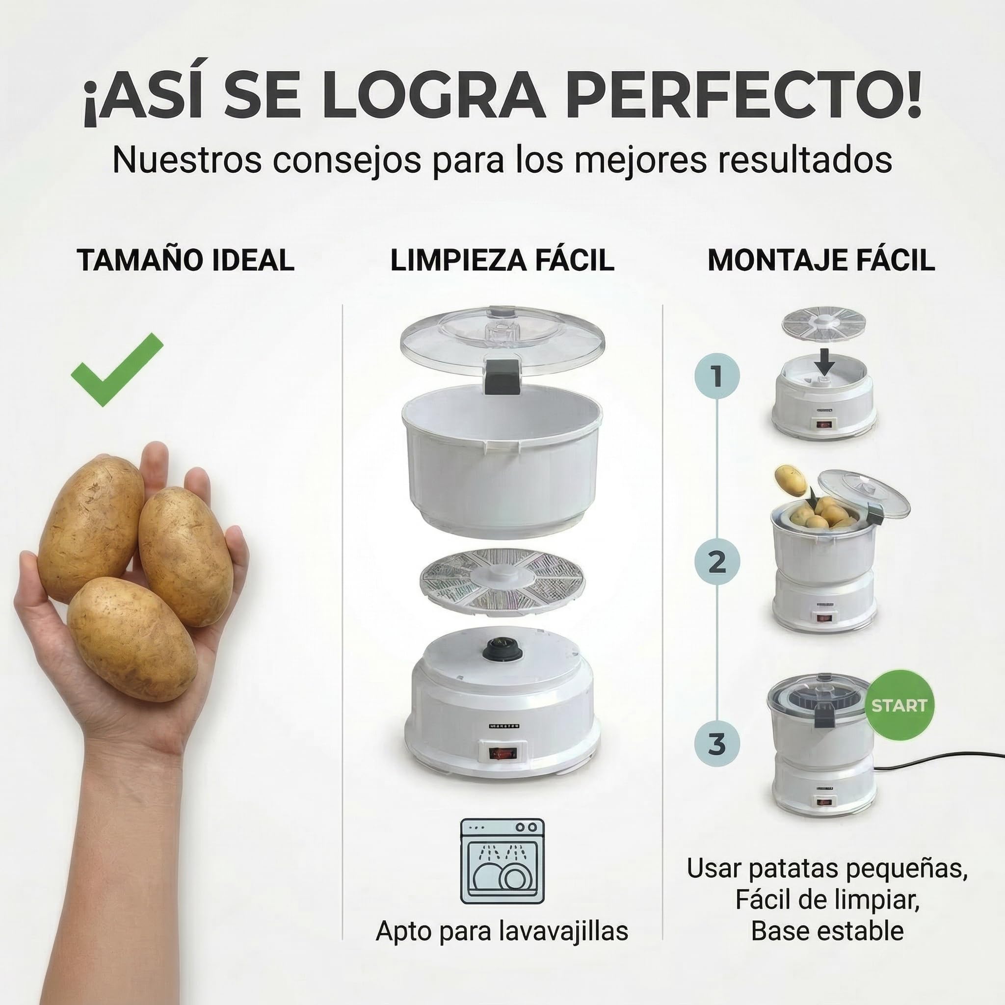 MELISSA 16220008 - Pelador de patatas eléctrico, capacidad de 1 kg, con centrifugadora de ensalada, 85 W, color blanco