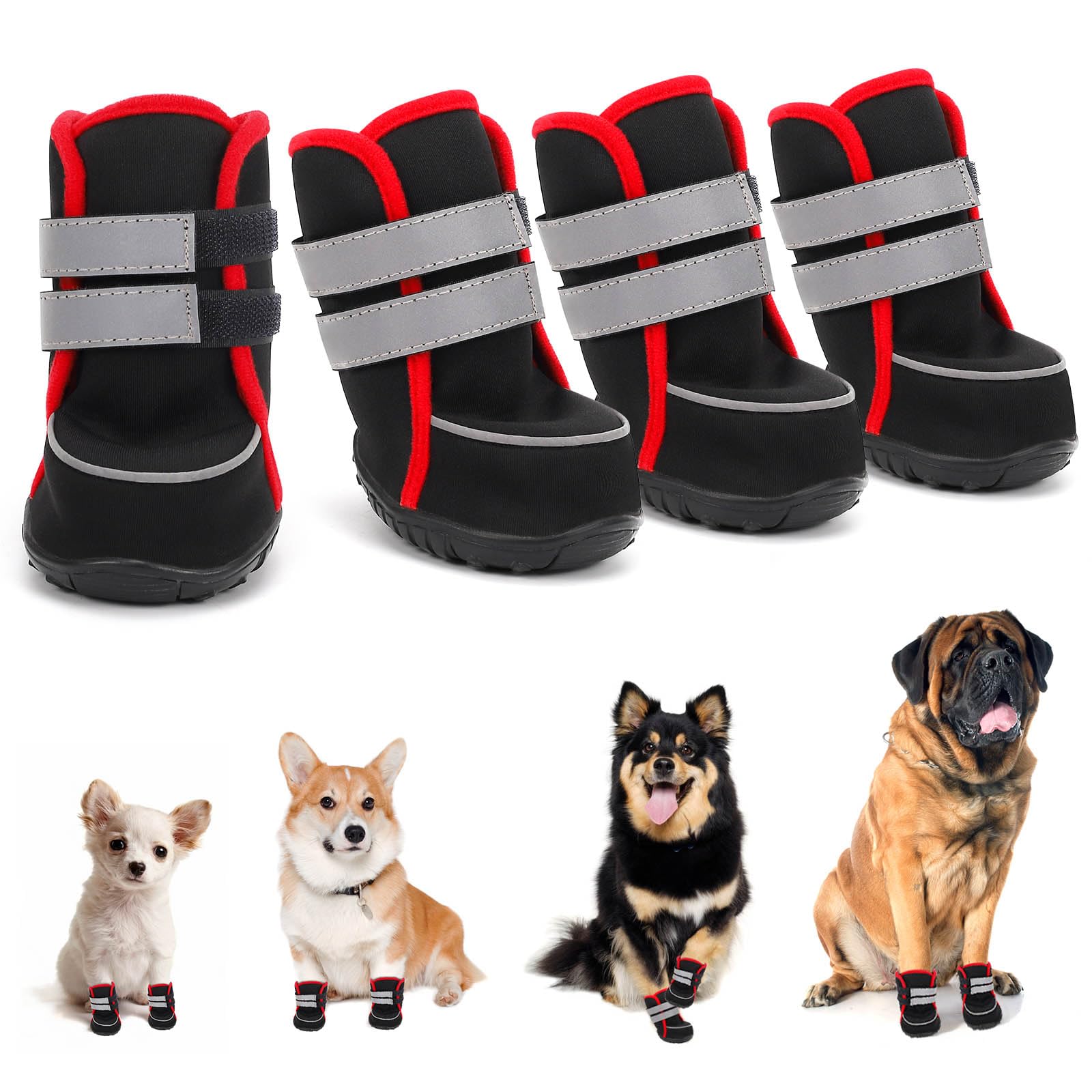 Black 4PCS Dog Shoes Paw Protectors for Summer Heat Protection, Rainy? Snowy Days Boots, Breathable Fabric with Adjustable Reflective Straps and Anti-Slip Soless (S)