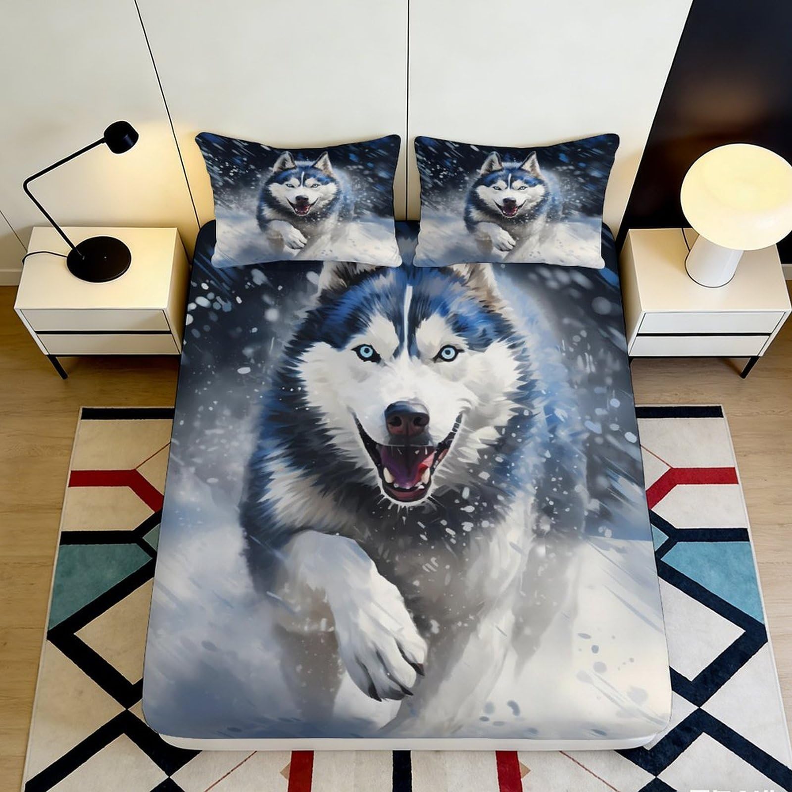 3D Printed Husky Dog Fitted Sheet Microfiber Soft Durable Snow Pattern Bed Cover for Bedroom Dormitory Guest Room Mattress Protection Decoration 140x200x25cm