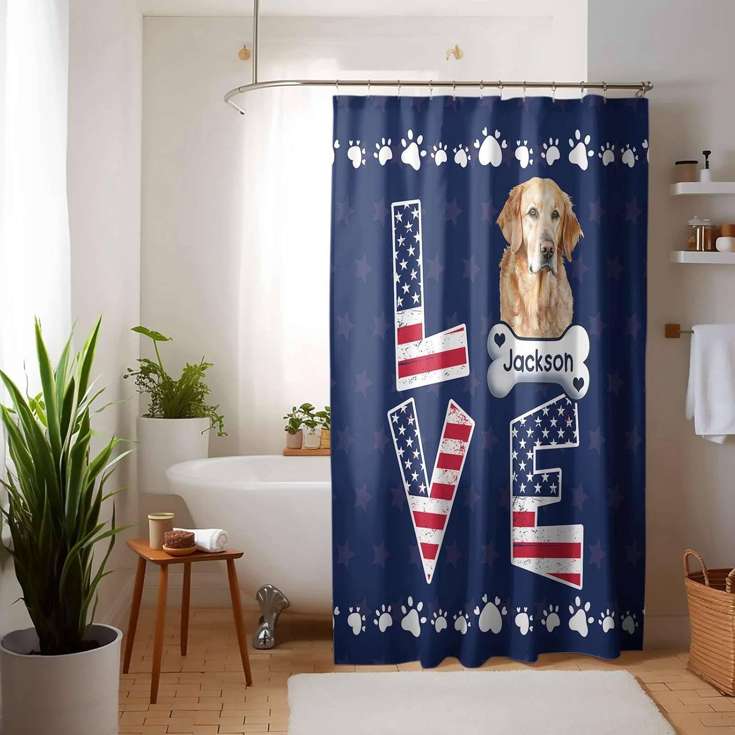 Custom Dog Shower Curtain American Flag Love with Blue Heeler Polyester Waterproof Bath Curtains with 12 Hooks for Bathroom 72 x 80 Inch