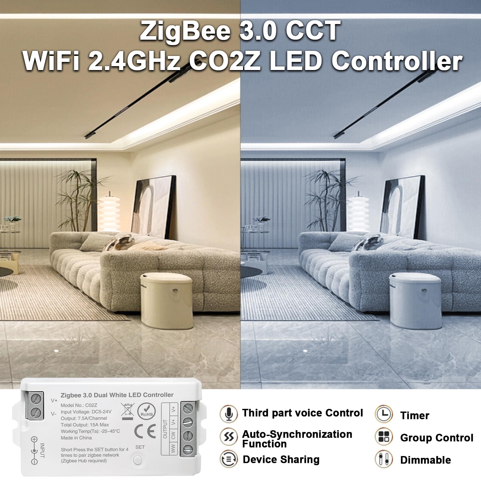 ZigBee 3.0 Controlador LED C02Z CCT Dual White LED Tira Regulador Compatible con Echo Plus Home Kit ZigBee Hub Bridge Requiere 5 – 24 V CC para tiras LED