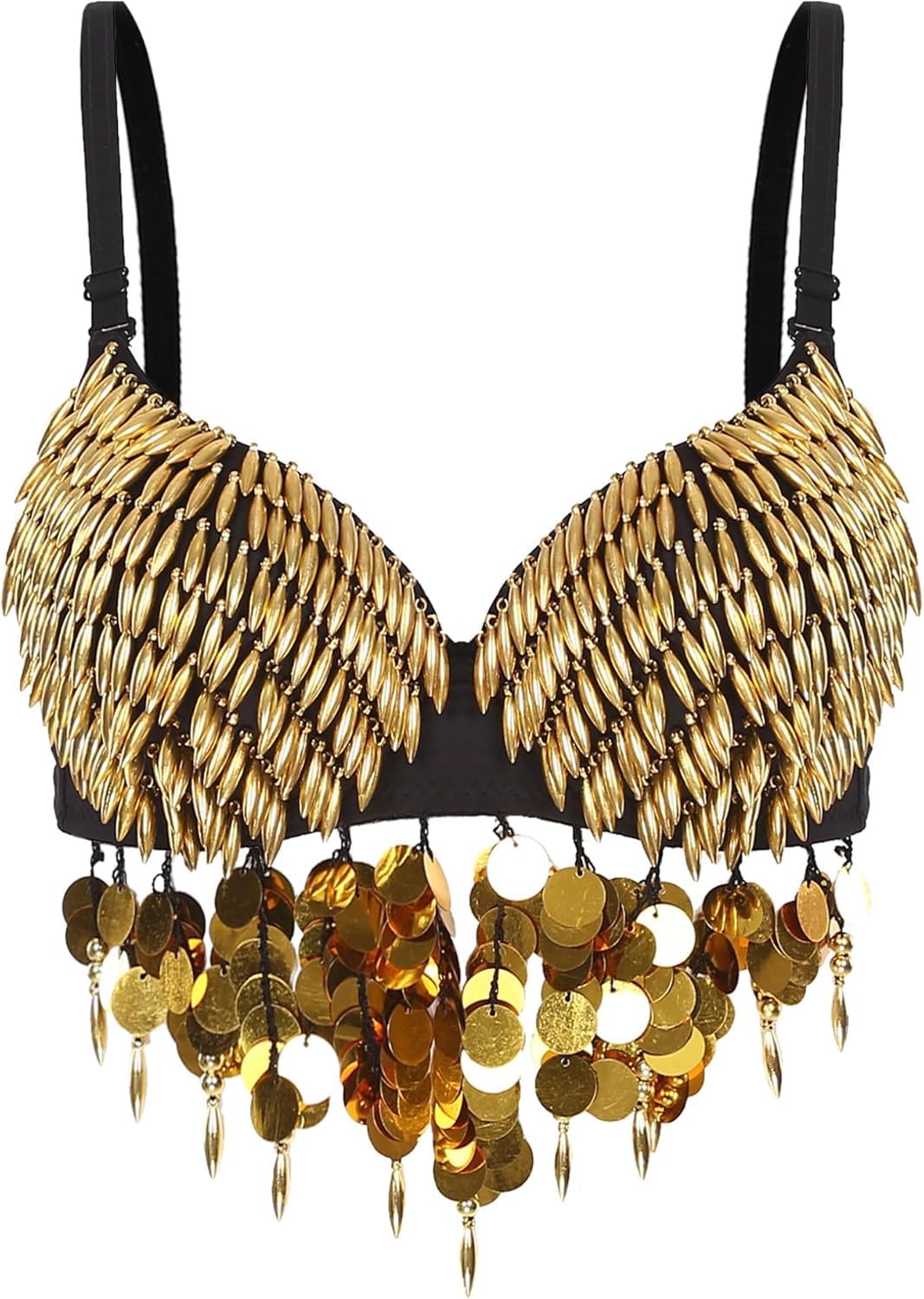 Litaijingnice Women's Gold Tassel Bralette, Belly Dance Costume Sparkly Sequin Bra Tassel Top For Rave Party Clubwear (,M)