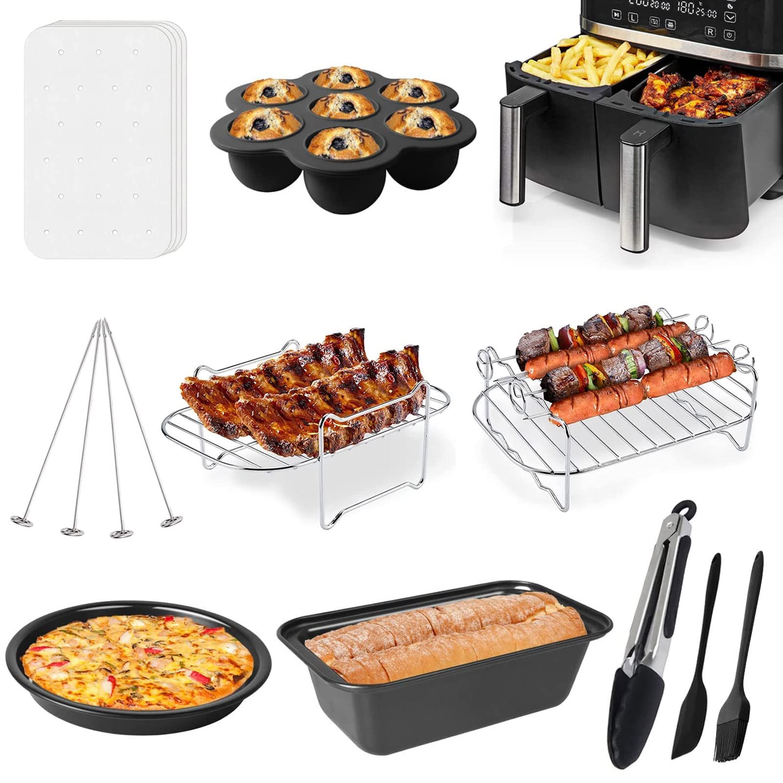 Air Fryer Accessories, Set of 9 Fit for Ninja Foodi Air Fryer AF300UK, AF400UK, Include Cake & Pizza Pan, Air Fryer Rack, Dual Air Fryer Accessories for 3.7Qt - 4.2Qt Dual Zone Air Fryers