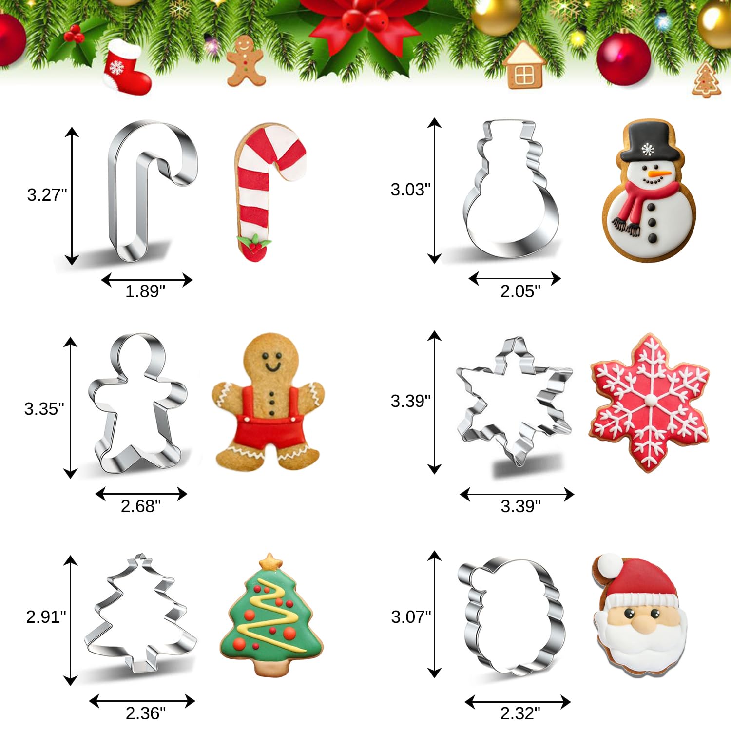 Juego de 6 cortadores de galletas de Navidad grandes, árbol de Navidad, muñeco de nieve, hombre de jengibre, copo de nieve, bastón de caramelo, cara de Papá Noel, molde cortador de galletas de 1