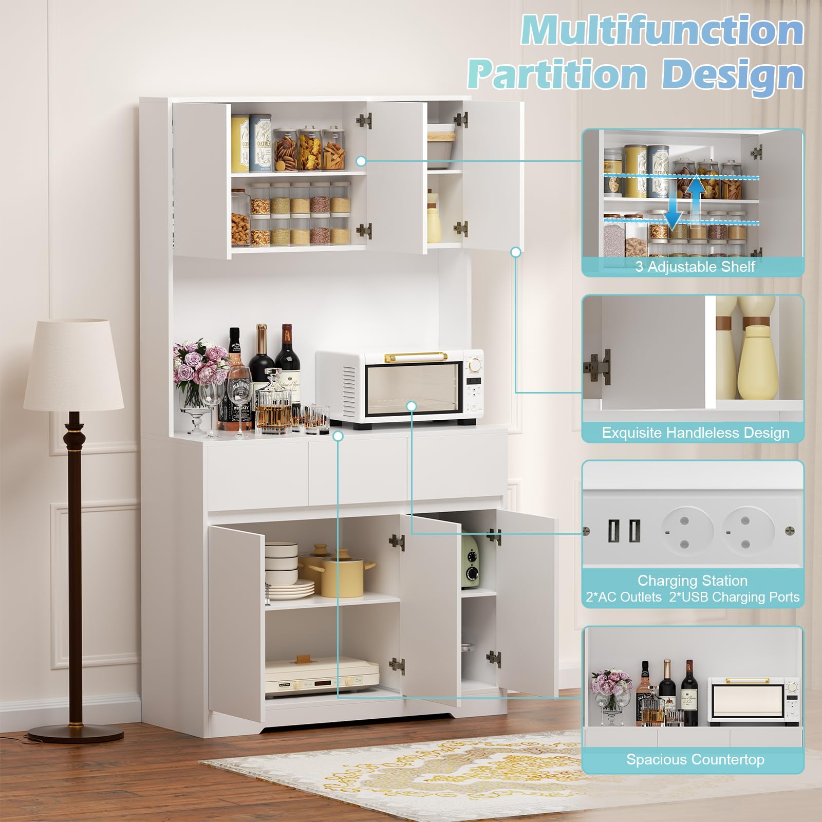 Armadio da cucina con illuminazione a LED, armadio alto a buffet, 170 cm, multiuso, con presa e 3 cassetti, scomparto aperto, da cucina, da bagno, da 170 x 100 x 38,5 cm, bianco