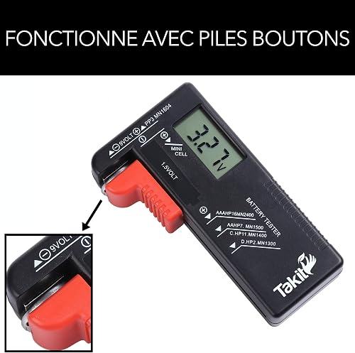 Takit Testeur de Piles numérique pour AA, AAA, C, D, PP3, 9V, 1.5V, Piles Bouton - Fonctionne sans Pile - Garantie 5 Ans - Marque Française - 4