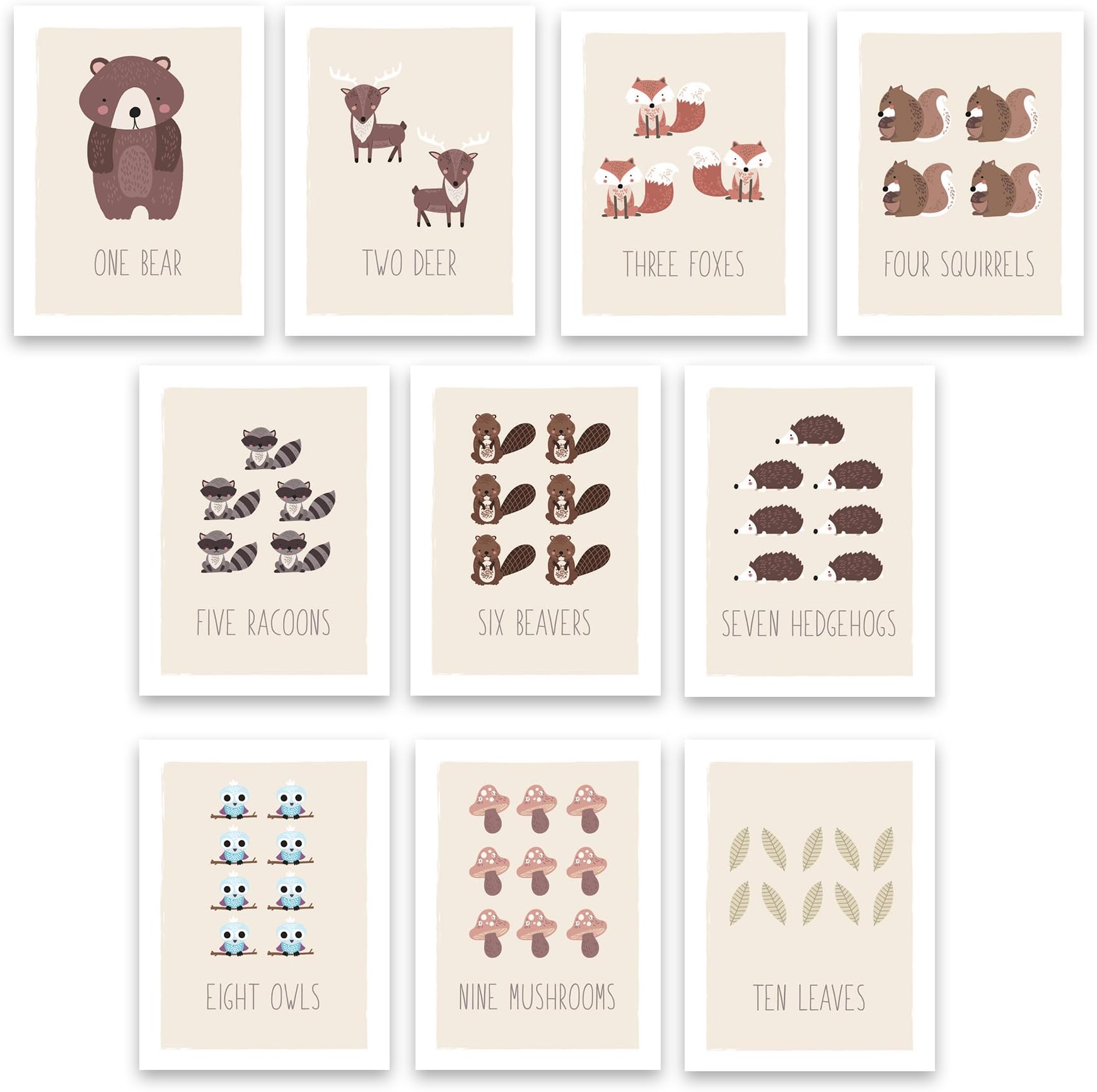 Kindred Sol CollectiveWoodland Counting Cards Nursery Wall Art Decor - Set of 10 5" x 7" Art Posters for Kids Featuring Nature and Forest Animals