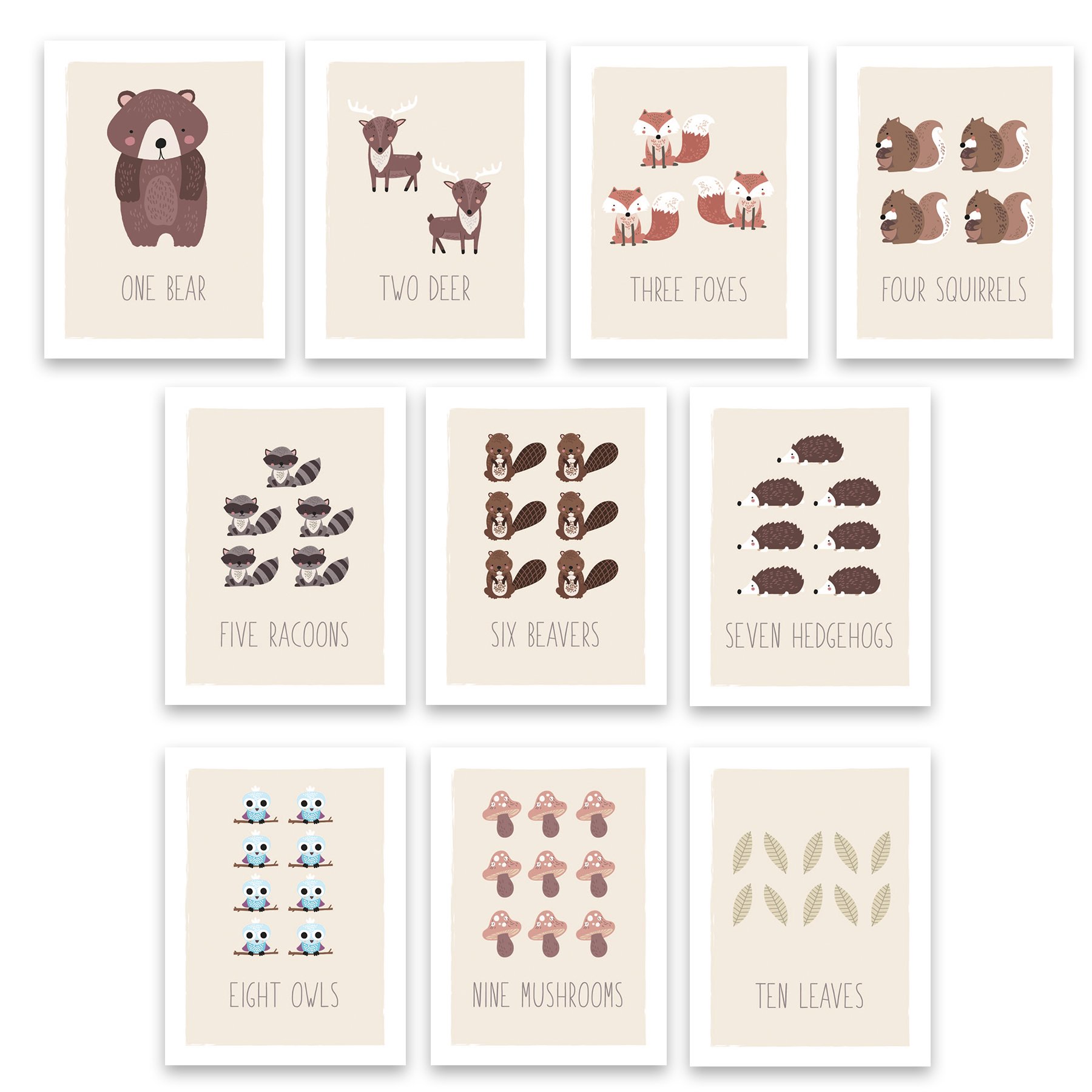 Kindred Sol CollectiveWoodland Counting Cards Nursery Wall Art Decor - Set of 10 5" x 7" Art Posters for Kids Featuring Nature and Forest Animals