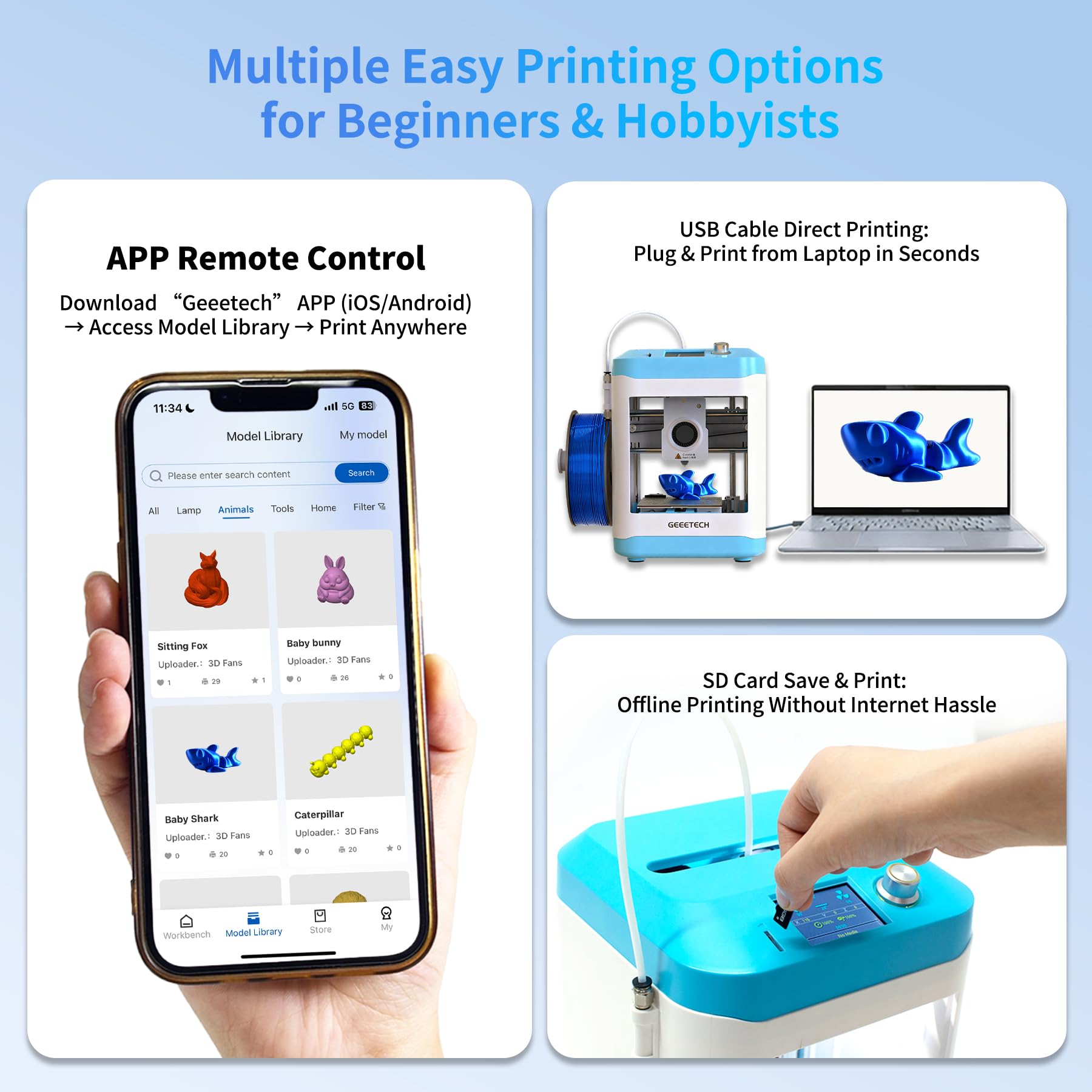 GEEETECH M1S Mini Stampante 3D, Stampante 3D per Principianti con estrusore a trasmissione diretta 250 mm/s per principianti con schermo a colori, Tre ventole di raffreddamento Blu
