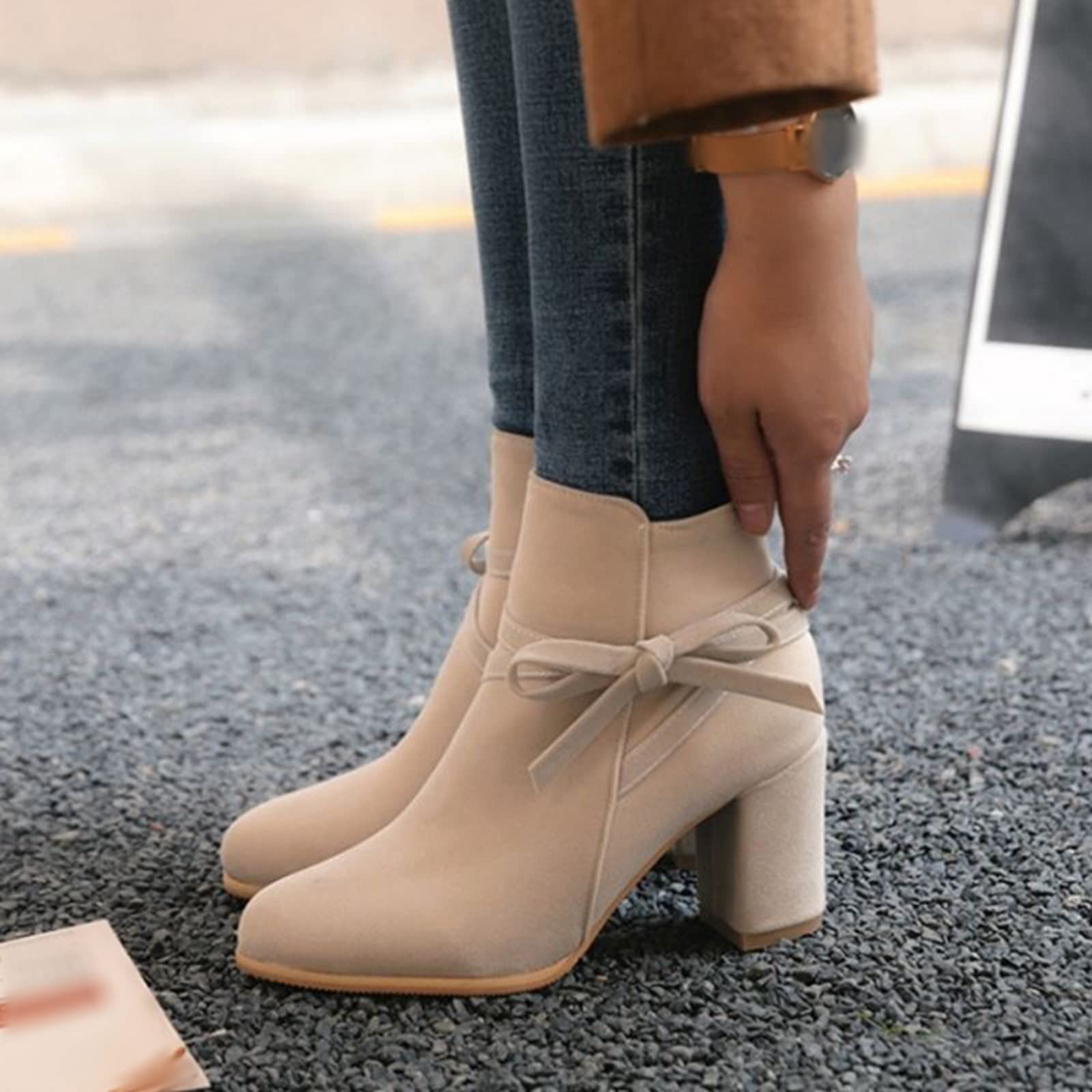 Onewus Damen Stiefeletten mit Blockabsatz und Schleife Reißverschluss