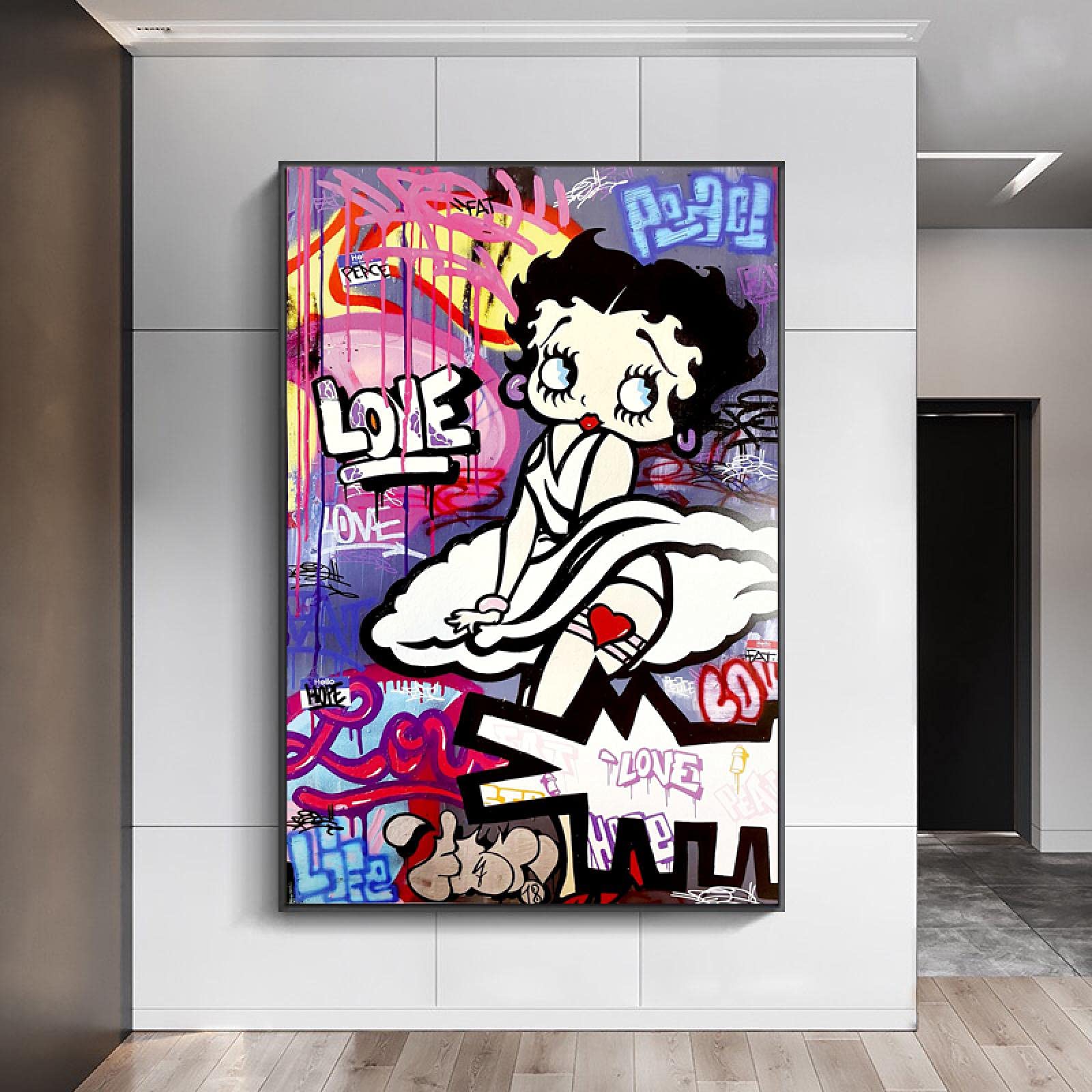 Tela stampata Graffiti Betty Boop Wall Art Street Cartoon Girl Poster Stampa Immagine da parete Soggiorno Decorazione della casa 40x60cm Cornice interna
