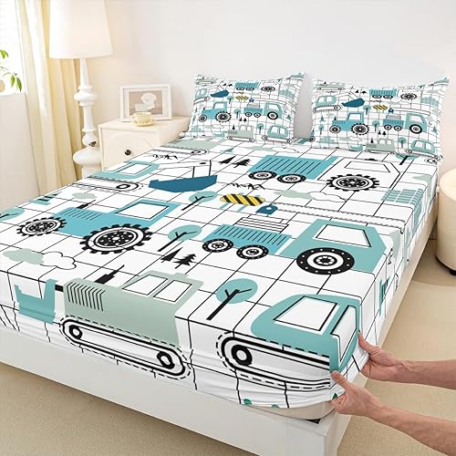 Miniatura 7 de Feelyou Juego de sábanas de construcción para niñas y niños, tamaño individual, diseño de dibujos animados, excavadora, tractor, sábanas con