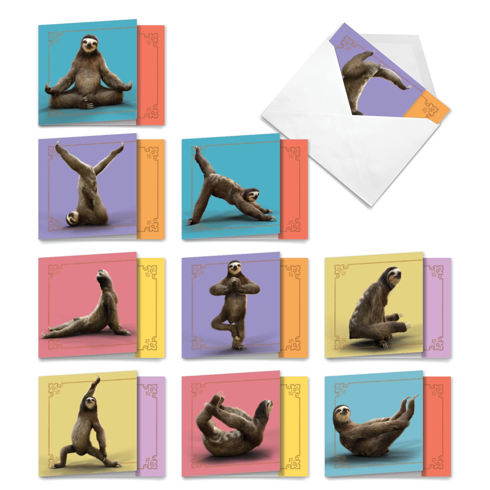 The Best Card Company - 10 Boxed Thank You Notes w/Envelopes, Stationery to Say Thanks for Men and Women - Sloth Yoga AMQ6255TYG-B1x10