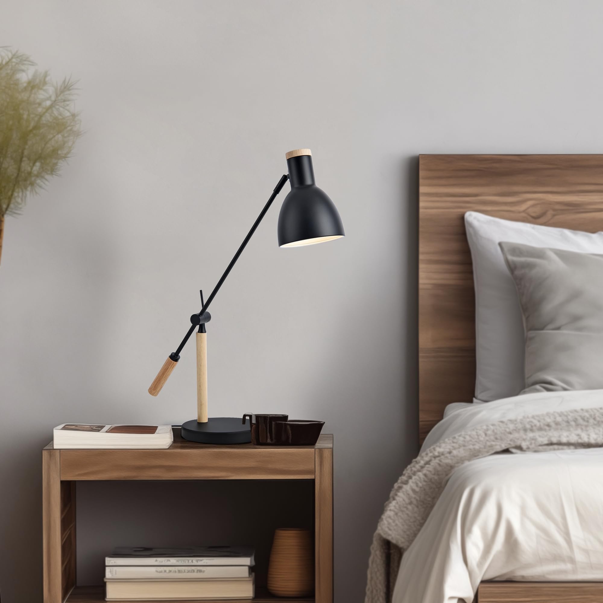 lux.pro Lampada da Tavolo con Stelo Regolabile in Altezza Paralume Conico con Luce Orientabile Lampada da Scrivania Lampada da Lettura in Metallo Nero e Legno