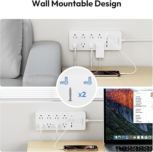 Miniatura 7 de NTONPOWER - Cable de extensión plano de 25 pies, 8 salidas con protector de sobretensiones con puertos USB, 1080 julios, disyuntor de 15 A, montaje