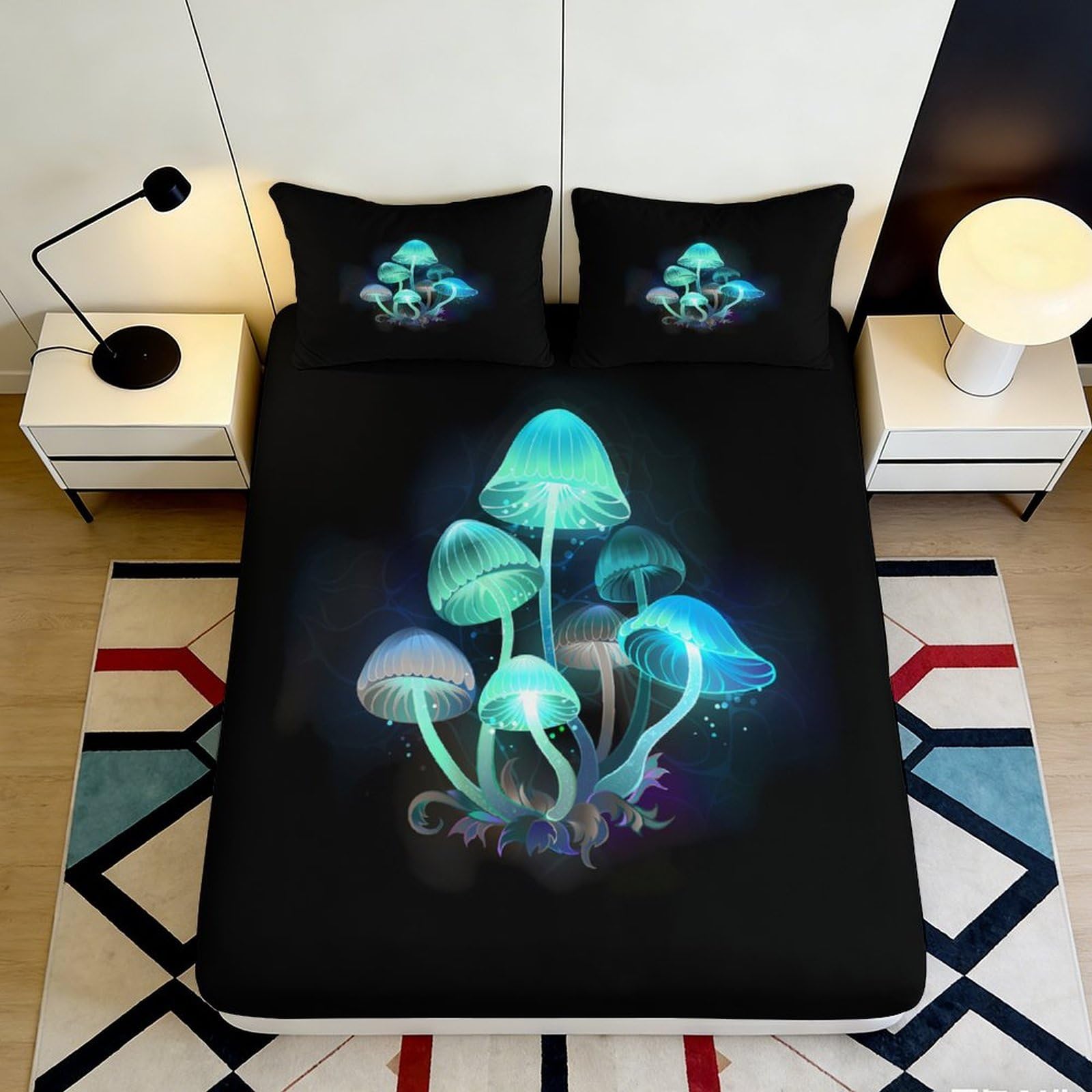 3D Printed Glowing Mushroom Fitted Sheet Microfiber Black Psychedelic Forest Mattress Cover Bedroom Decor 90x200x25cm
