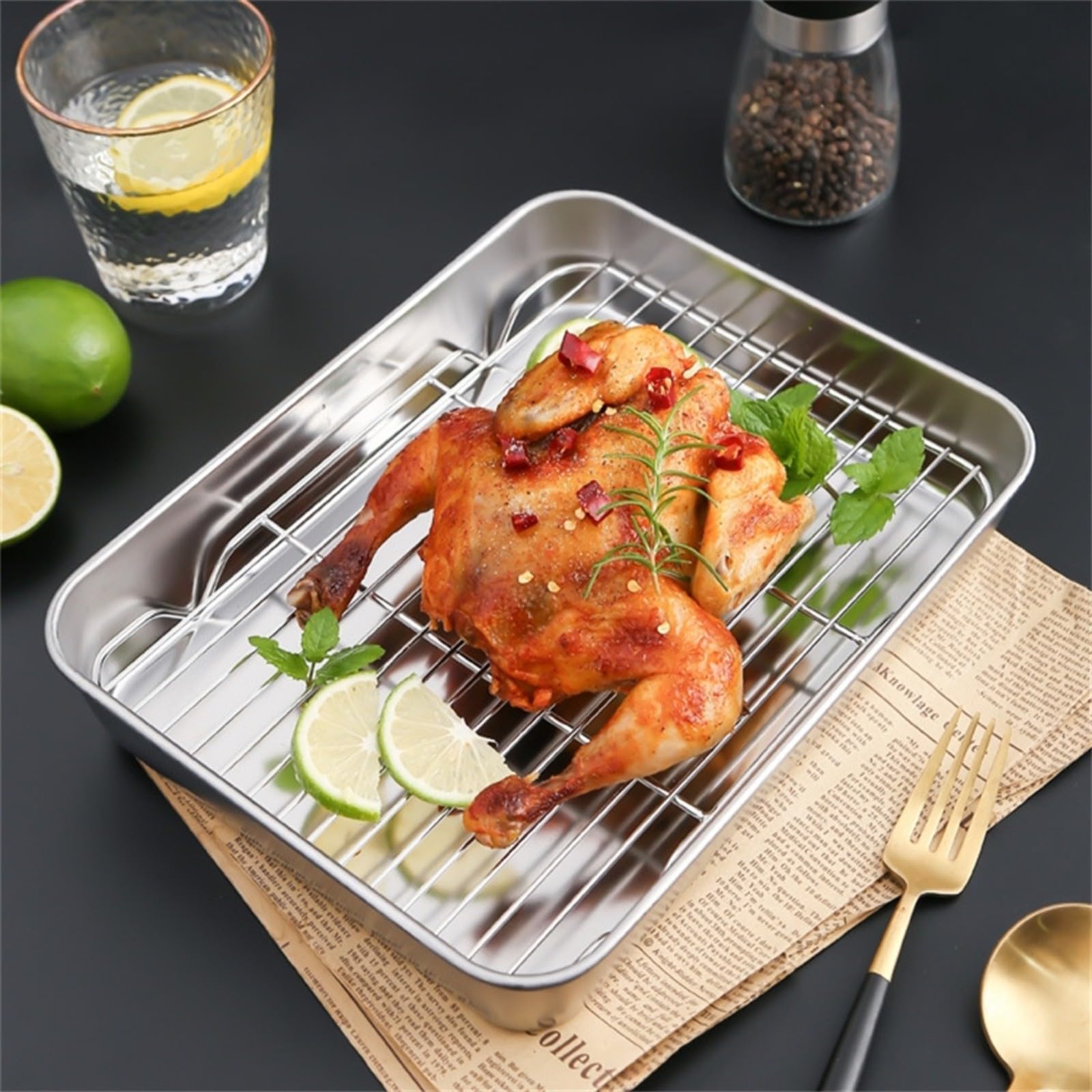 Bandeja rectangular de acero inoxidable para hornear galletas con estante de refrigeración extraíble, bandeja antiadherente apta para horno (40 x 30 x 5 cm)
