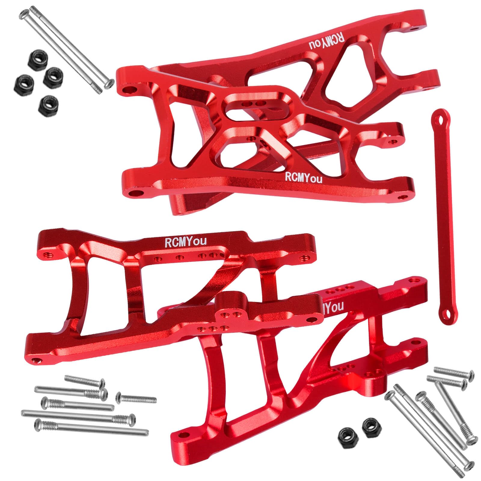 RCMYou RC Aluminum Front Rear Suspension A-Arms Upgrades Part for 1/10 Rustler VXL/Stampede VXL 2WD,Alloy Arms Hop Ups w/Tie Bar,Replace 3631 3655,Red