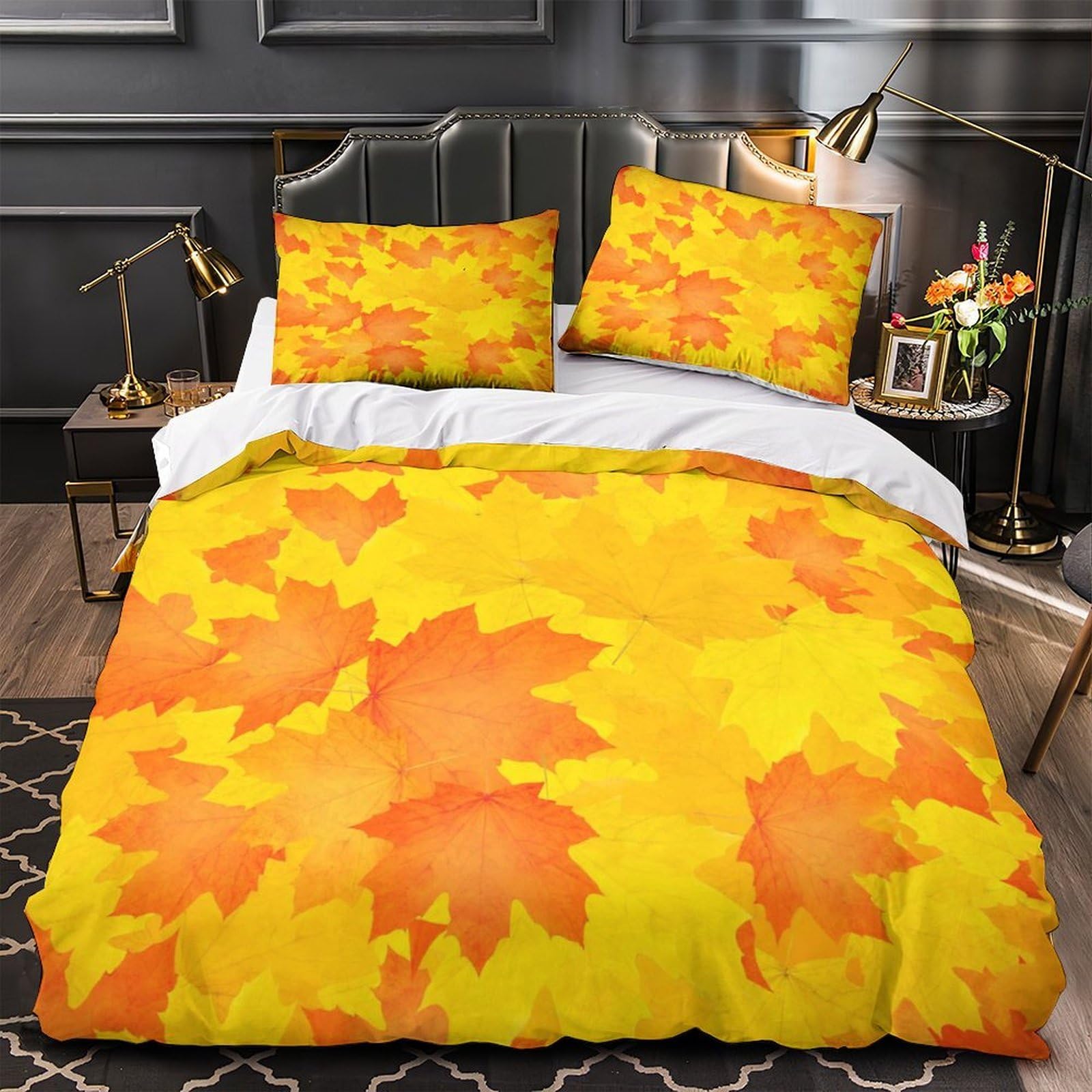 Parure de lit feuilles d'automne microfibre 135x200cm avec housse de couette imprimée