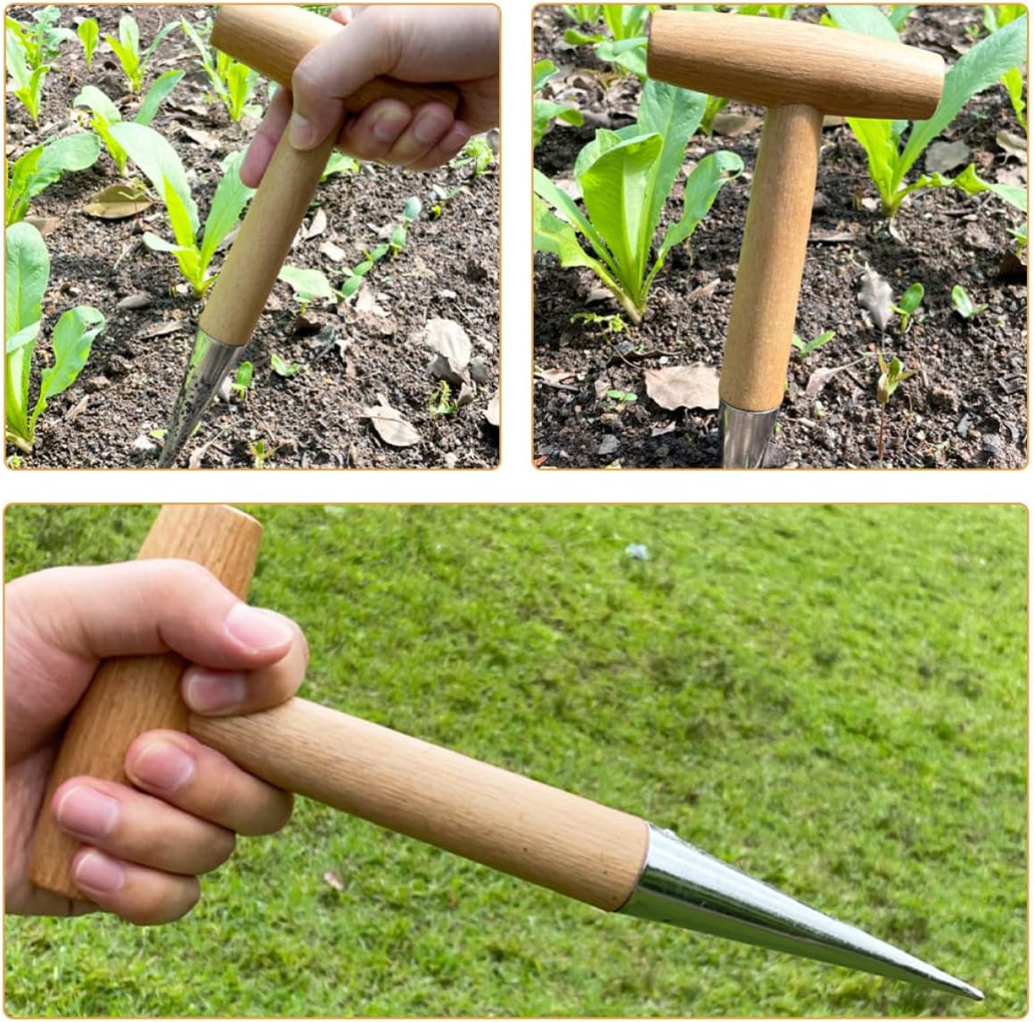 CALLARON Garden Seed Dibber Tool with Wood Handle and Chromium Plating, Convenient Soil Digger for Planting Seedlings and Transplantation in Gardening, Portable Handheld Garden Hole Puncher image 5