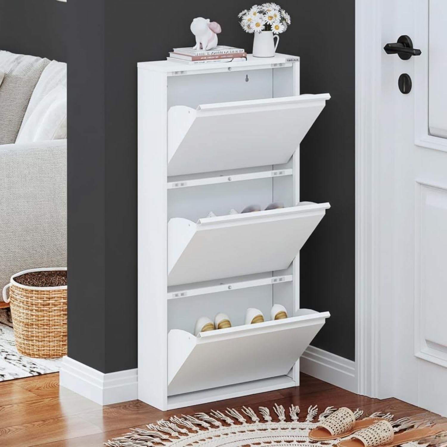 VEEHAUS Schuhregal Metall Schuhschrank Hoch Schuhkipper mit Magnetische Abdeckung Montiert Schmal und Wandmontage (Weiß, 3 Klappen)