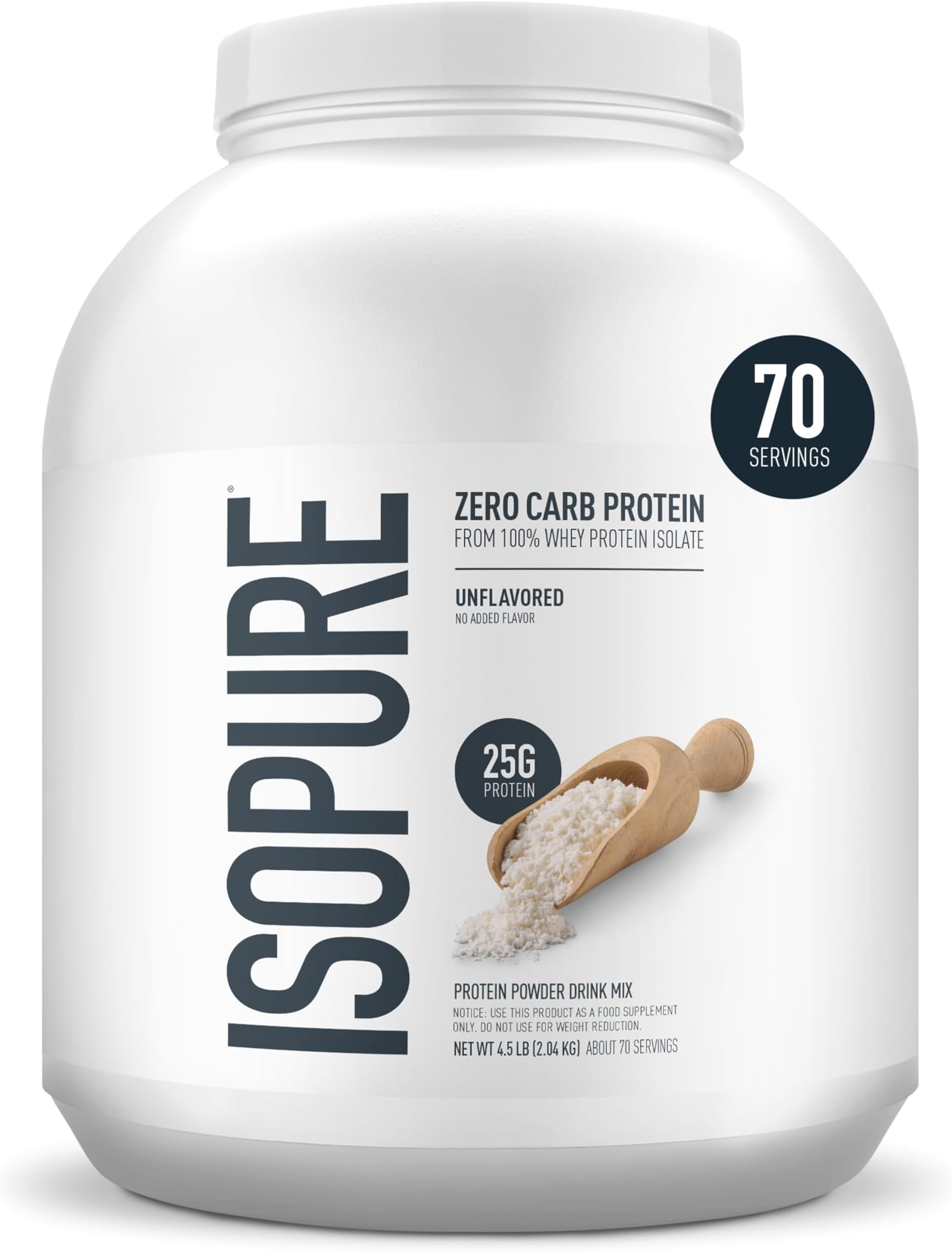 Zero Carb 100% Pure Whey Isolate Protein Powder, Gluten-Free, with Vitamins, Unflavored, 25g Protein Per Serving, 4.5 Lbs, 70 Servings (Packaging May Vary)