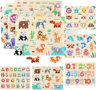 GRINNNIE Wooden Toddler Puzzles, Set of 5 - Number, Alphabet, Shape, Wild and Sea Animal, Montessori Learning Educational Peg Puzzle Toy for Kids Age 3 4 5, Christmas Birthday Gifts for Girls Boys