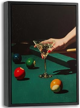 Framed Vintage Bar Cart Canvas Wall Art,Martini Billiard Picture Wall Decor