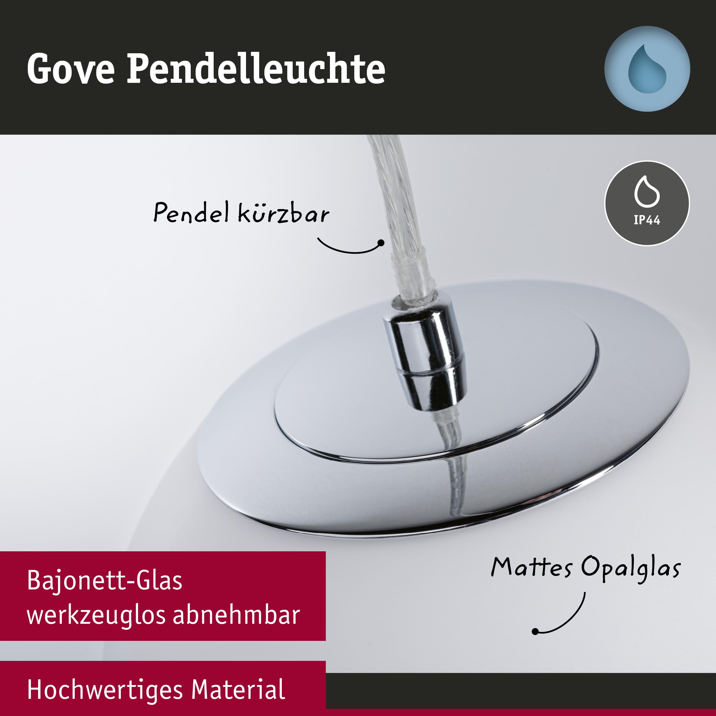 Paulmann 71066 LED Pendelleuchte Selection Bathroom Gove IP44 9W Chrom, Satin Badleuchte