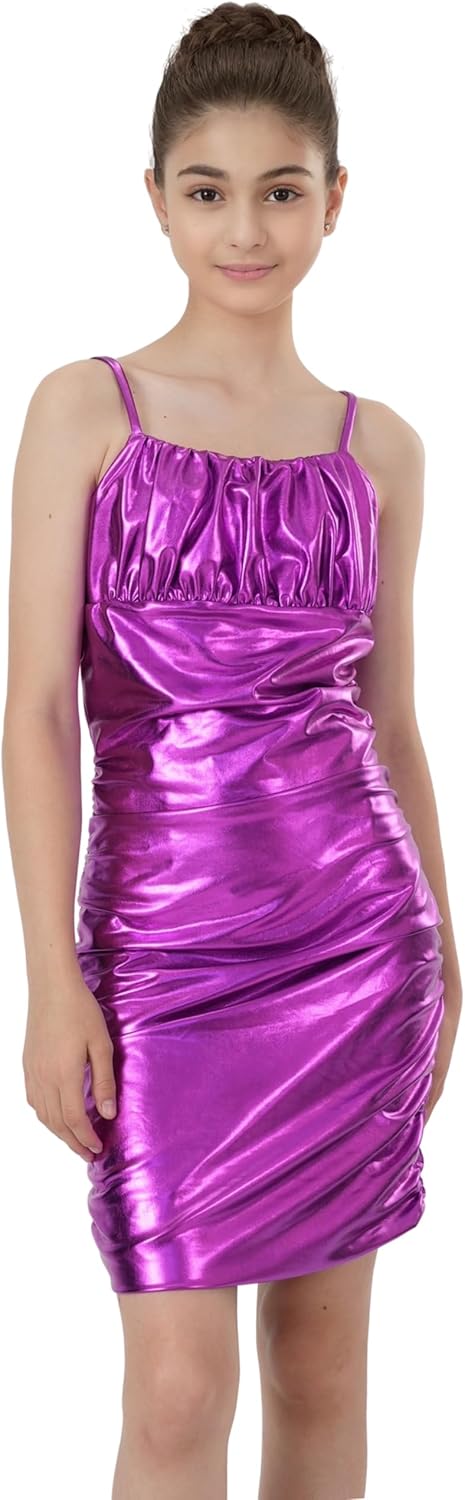 2Bunnies Girls Tween Teen Bodycon Ruched Spaghetti Strap Metallic Shimmer Sequin Party Dance Mini Dress
