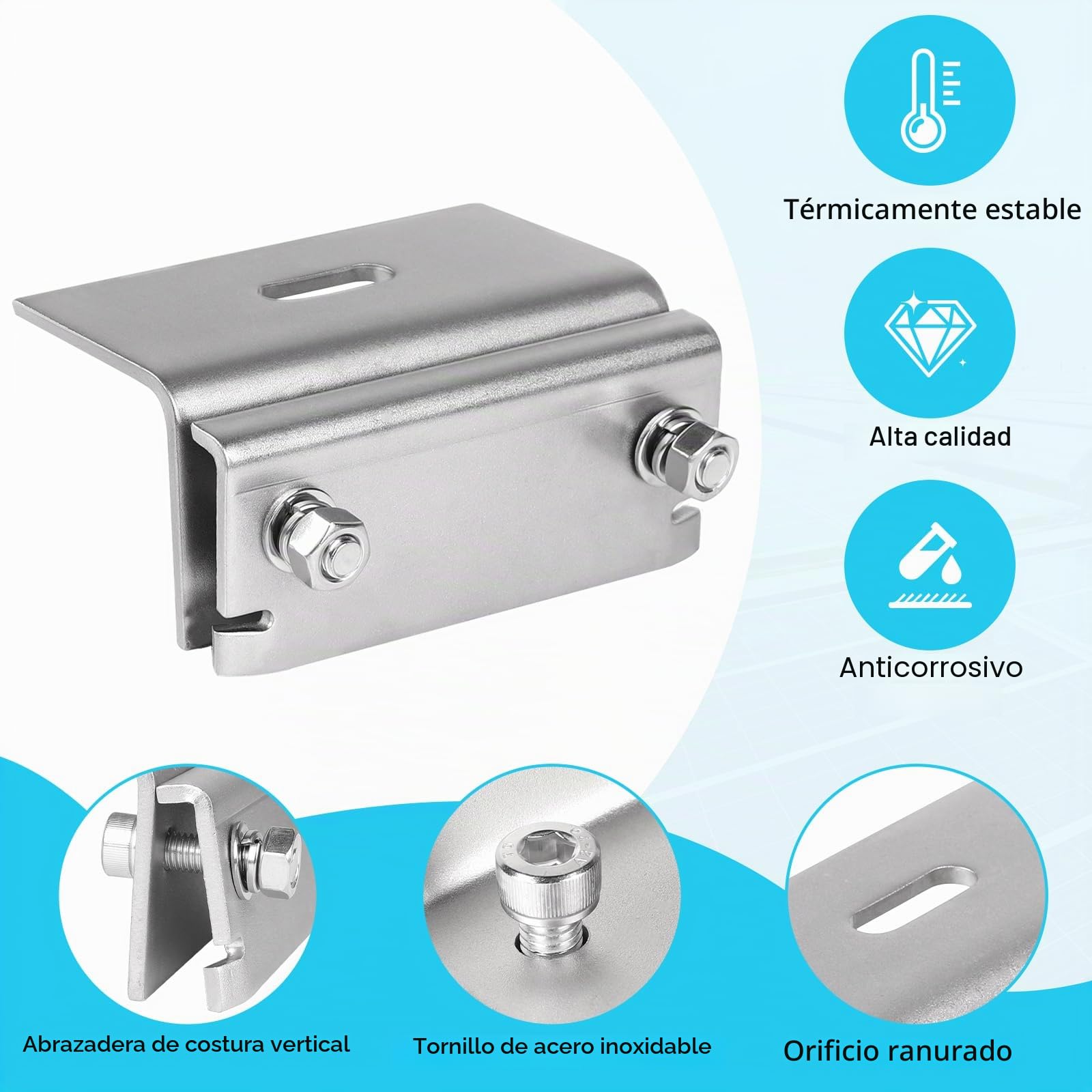 4 Piezas Abrazaderas para tejado en acero inoxidable 304 Fijaciones solares para paneles fotovoltaicos para techos metálicos y juntas en pie, paneles solares, resistentes corrosión y duraderas