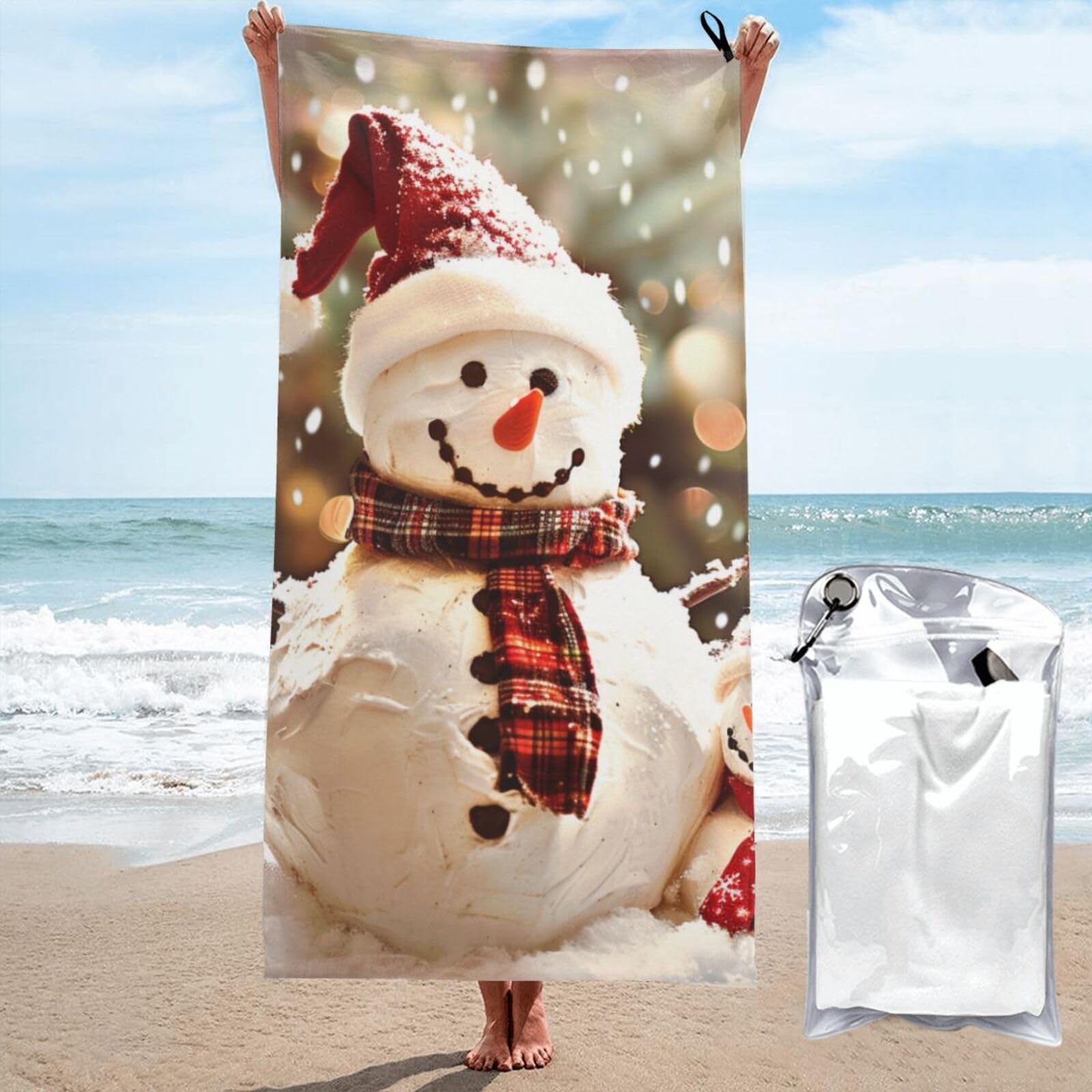 kkvhhyuo Microfiber Beach Towel, Merry Christmas Cute Snowman Printed Lightweight Quick Dry Travel Bath Sheet with Compact Carry Bag for Swimming Yoga Camping Gym,31.5"x63"