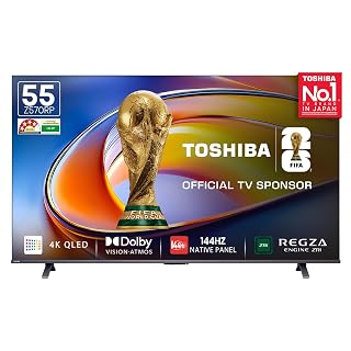 Toshiba 139 cm (55 Inches) 4K Ultra HD Smart QLED TV | Dolby Vision Atmos, HDR10+ | 144 Hz Panel | 24W Powerful Speaker | REGZA Engine ZRi | Voice Control | VIDAA OS | 55Z570RP (Black) (55Z570RP)
